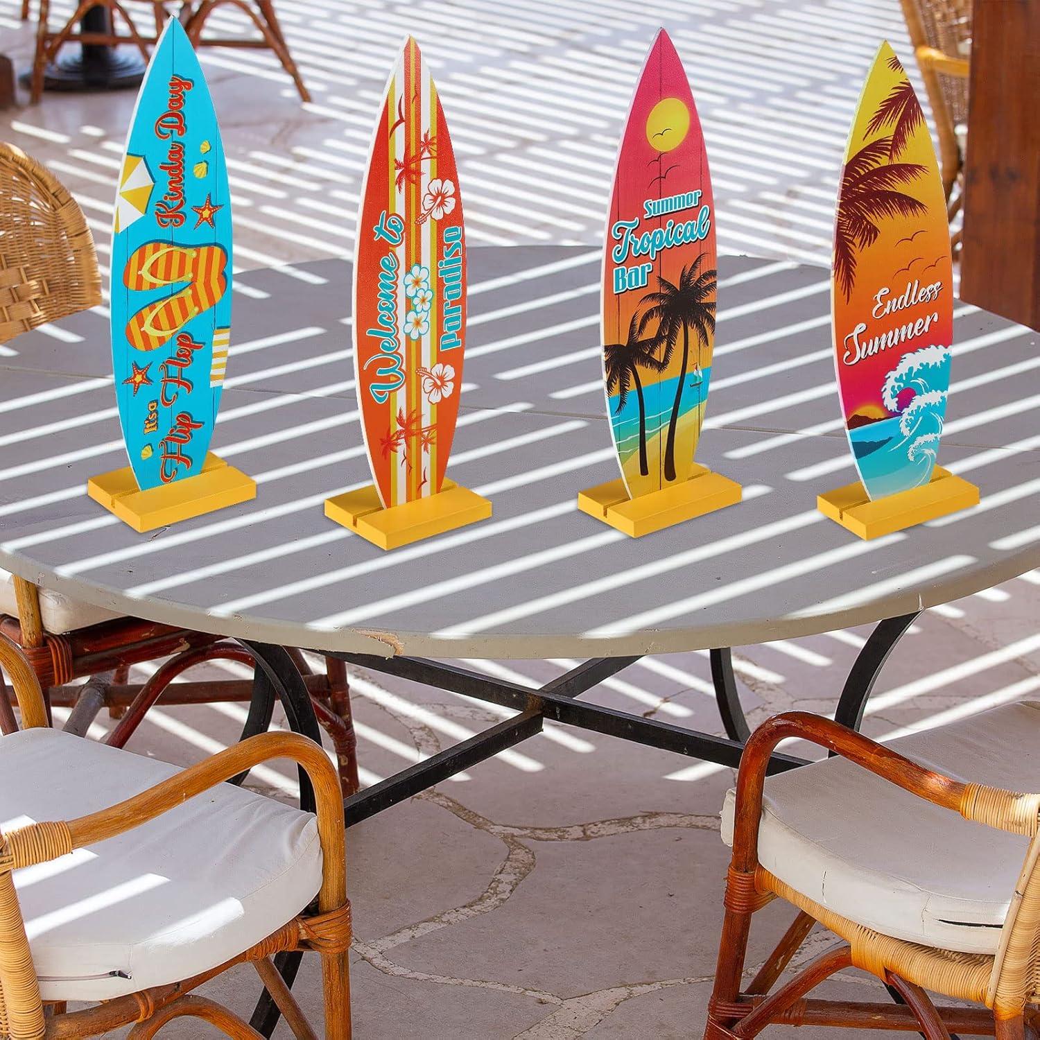 Blulu 4 Pcs Decoraciones Mesa Tabla Surf Tropical 32x9.3cm