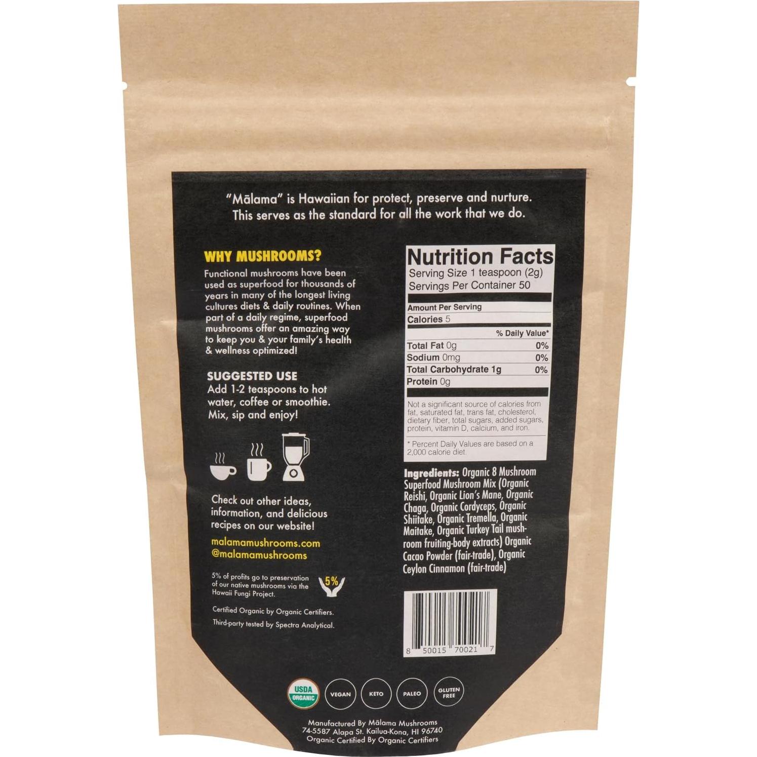 Malama Mezcla de Cacao Caliente 8 Hongos Superalimento 99.22 g