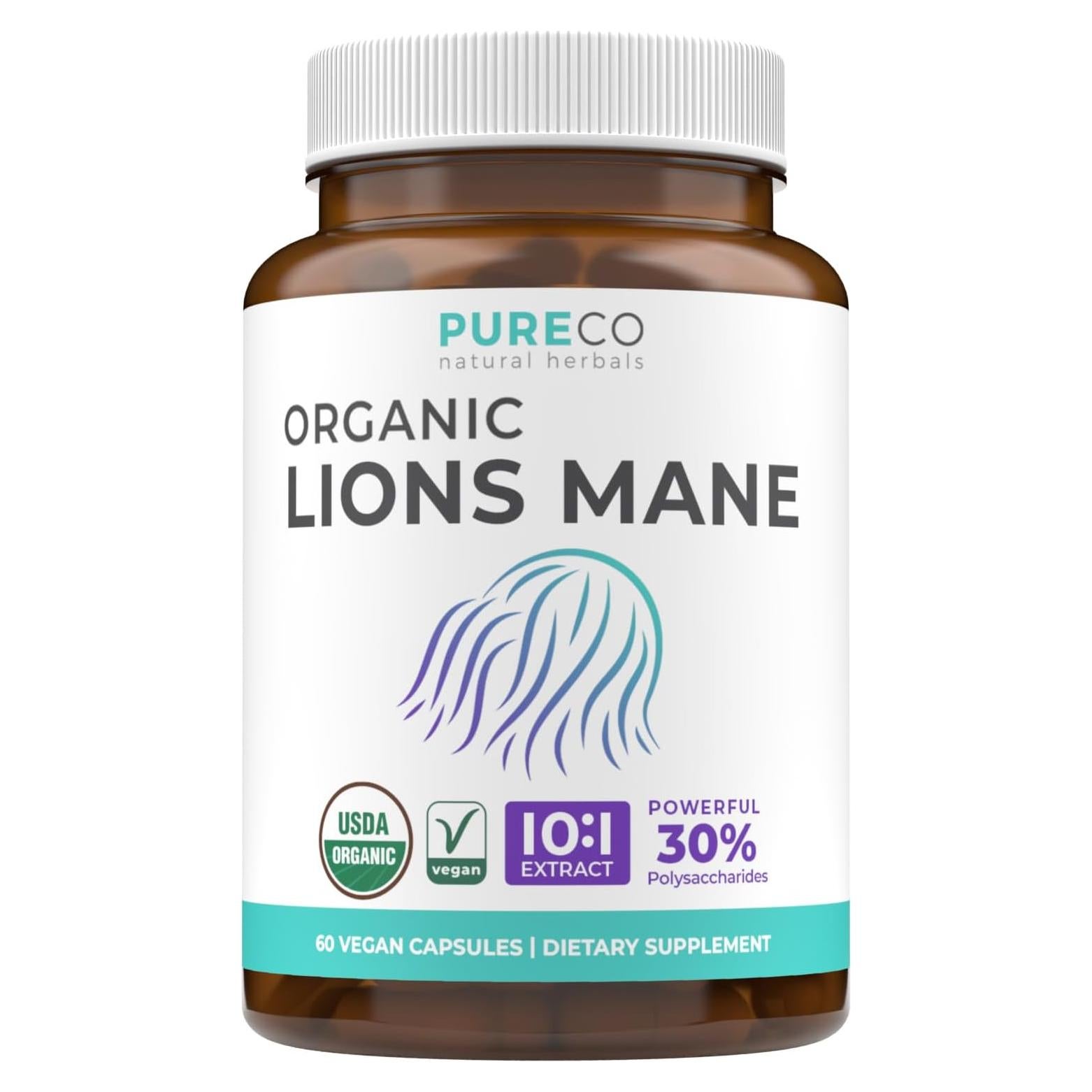 Cápsulas de Melena de León Orgánico Pure Co - 1000mg 30% Polisacáridos