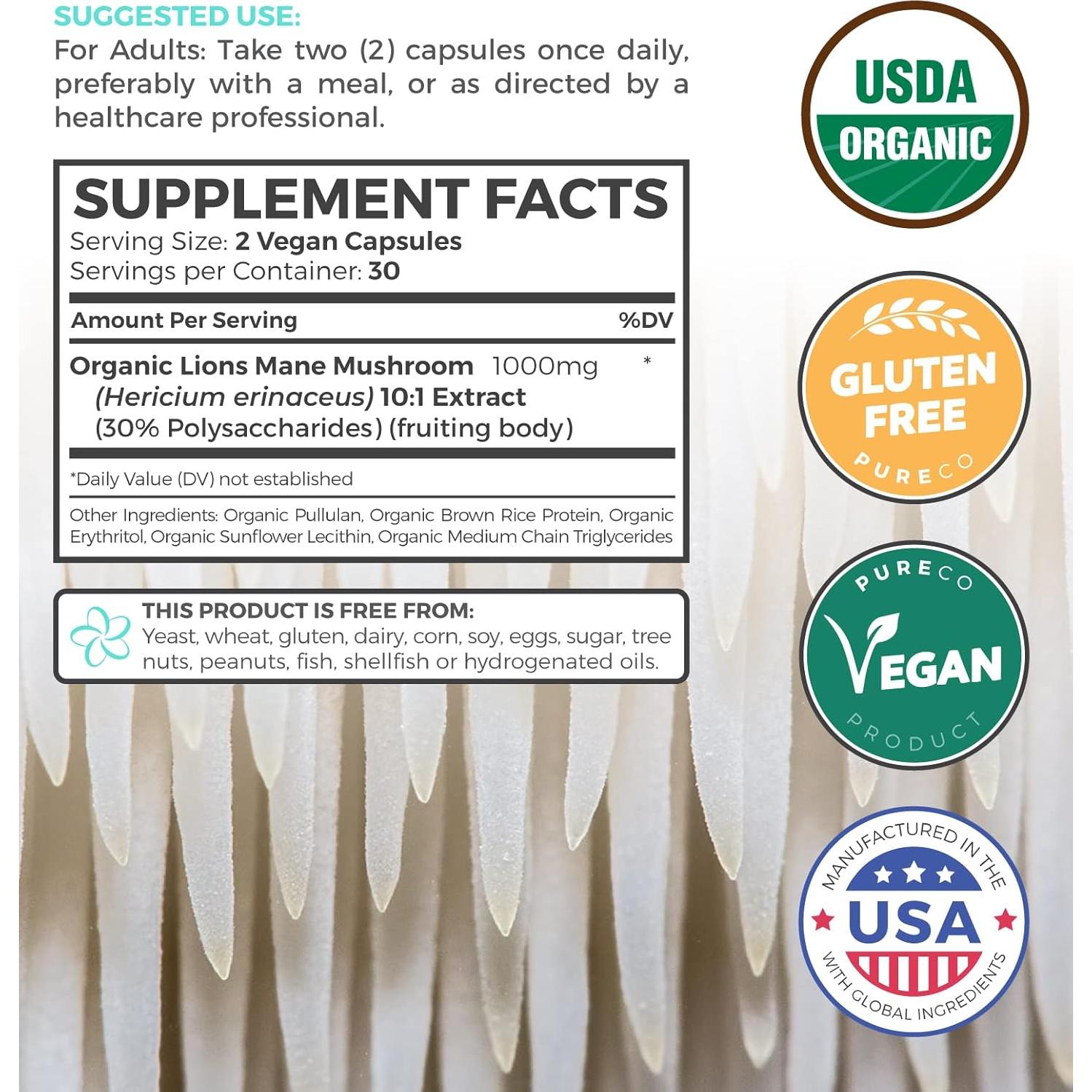 Cápsulas de Melena de León Orgánico Pure Co - 1000mg 30% Polisacáridos