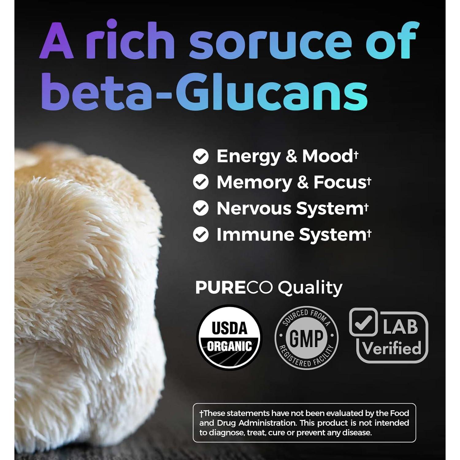 Cápsulas de Melena de León Orgánico Pure Co - 1000mg 30% Polisacáridos