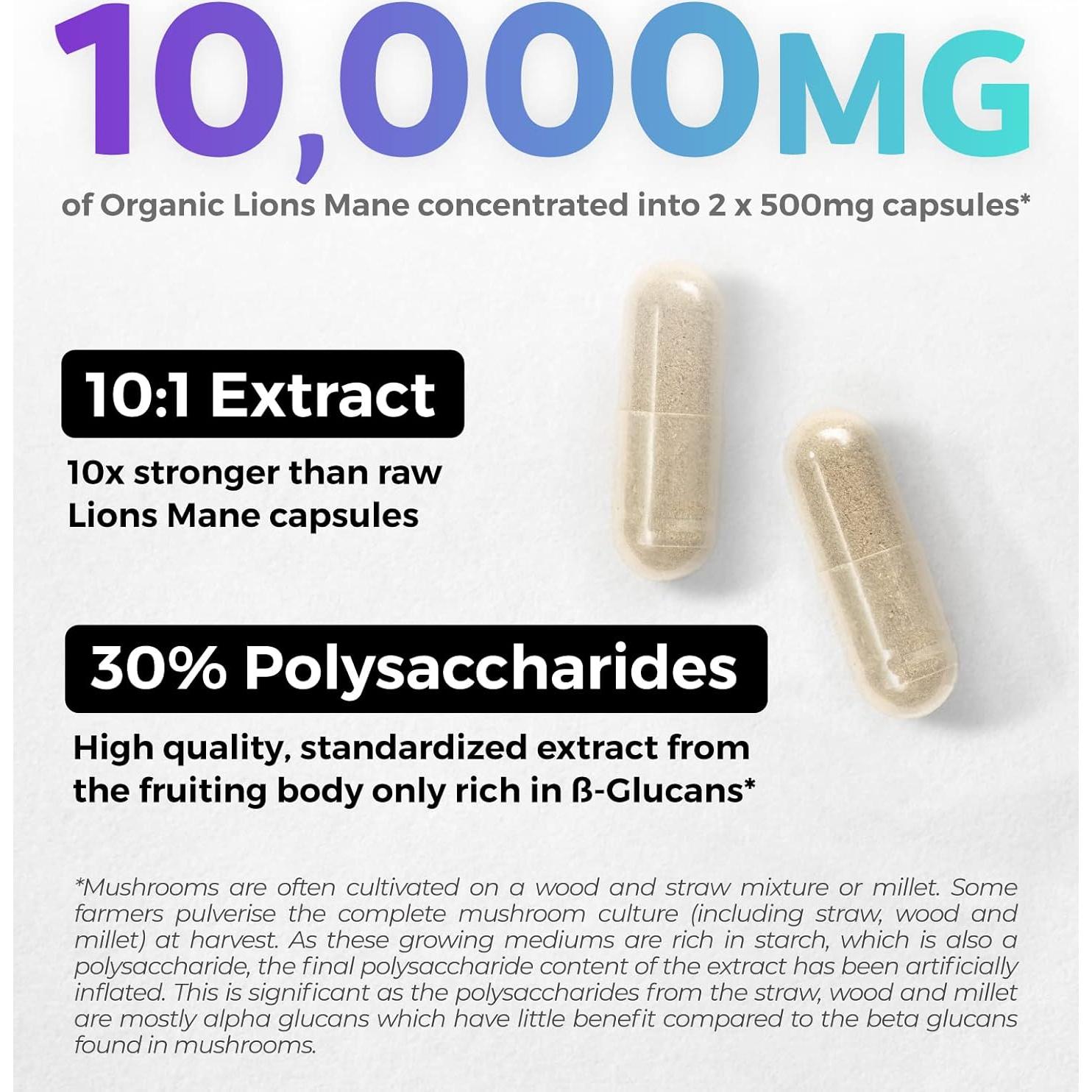 Cápsulas de Melena de León Orgánico Pure Co - 1000mg 30% Polisacáridos