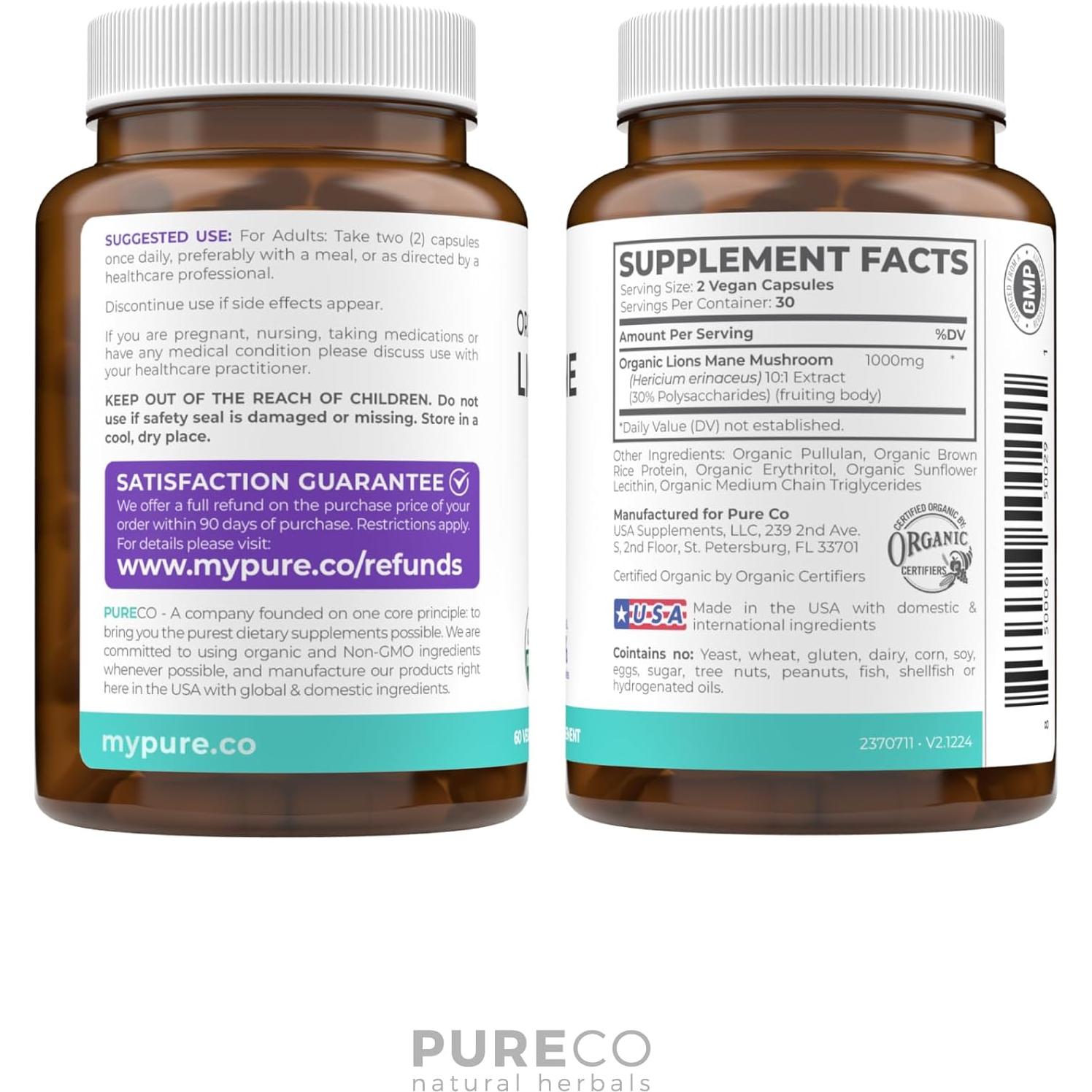 Cápsulas de Melena de León Orgánico Pure Co - 1000mg 30% Polisacáridos