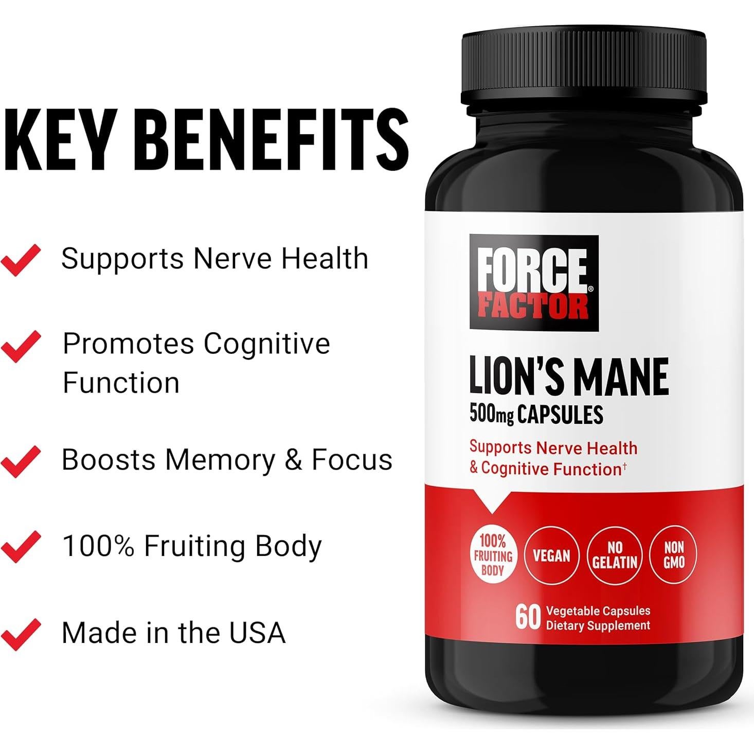 Cápsulas de Melena de León Force Factor 60 Veganas 100% Frutal