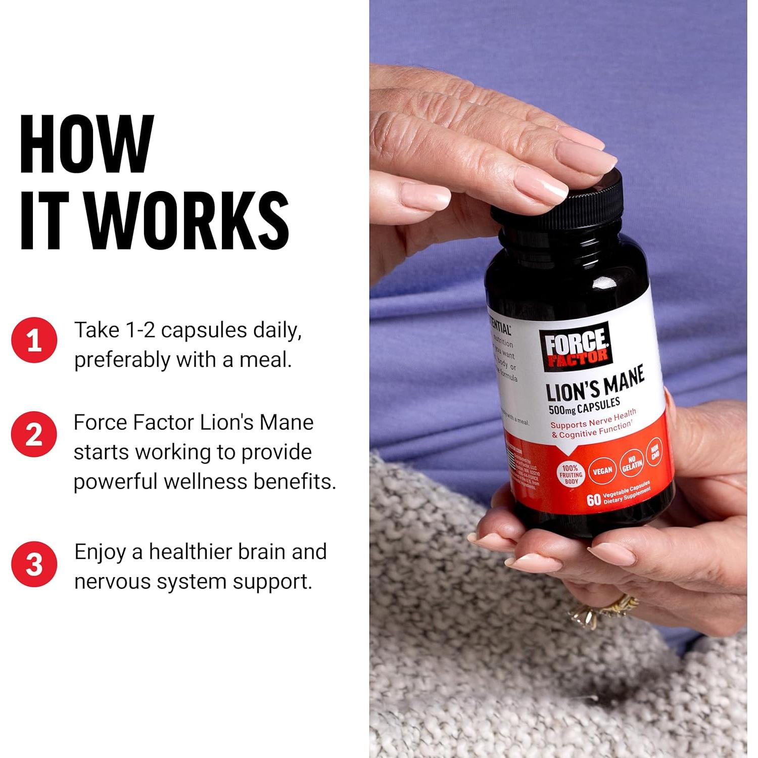 Cápsulas de Melena de León Force Factor 60 Veganas 100% Frutal