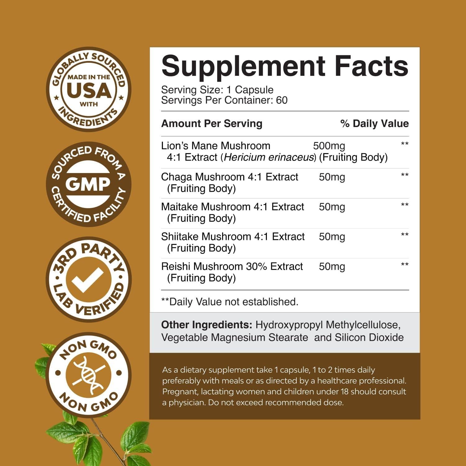 Suplemento Nootrópico Melena de León Natures Craft 60 Cápsulas