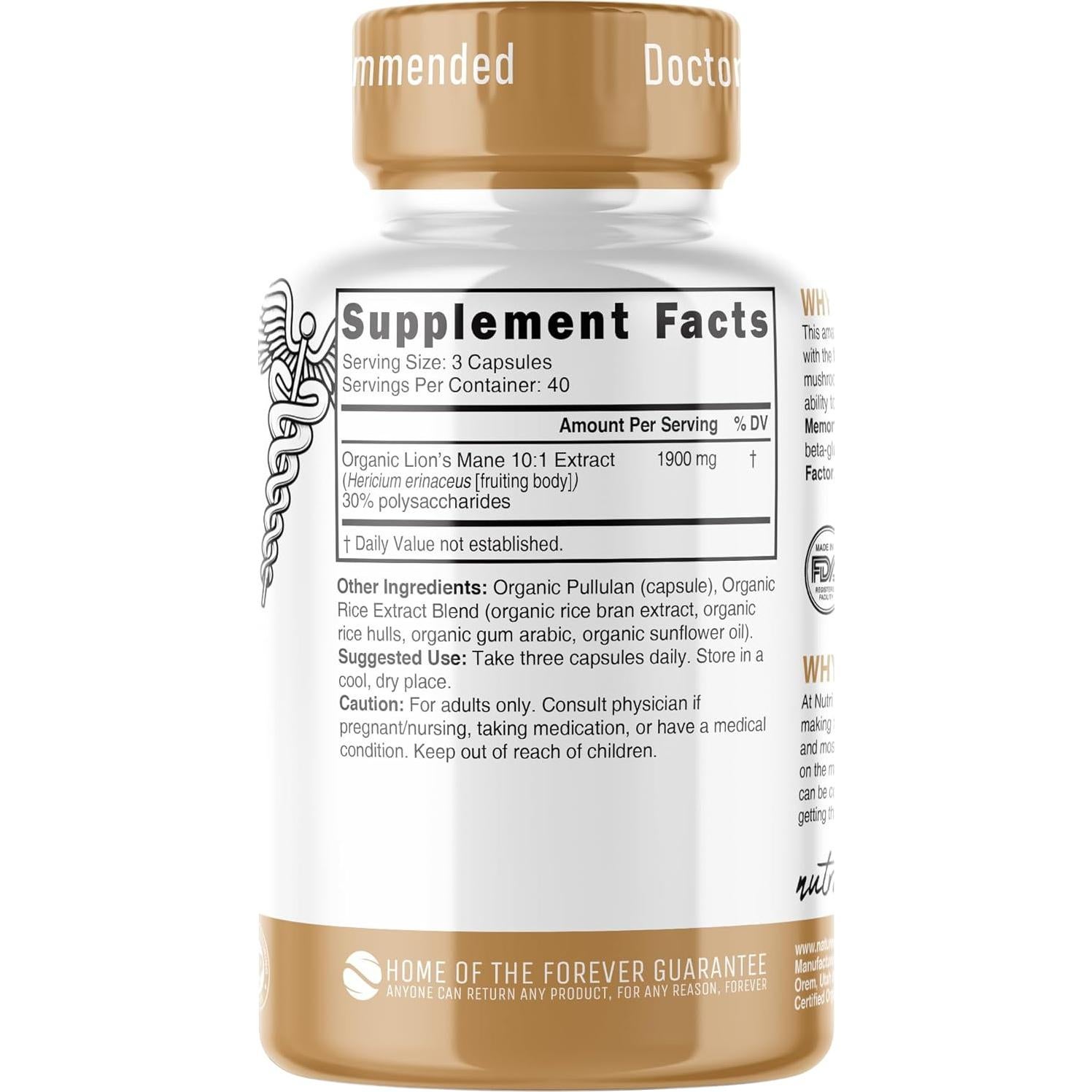 Suplemento Orgánico de Melena de León Nutri 1900 mg 120 Cápsulas