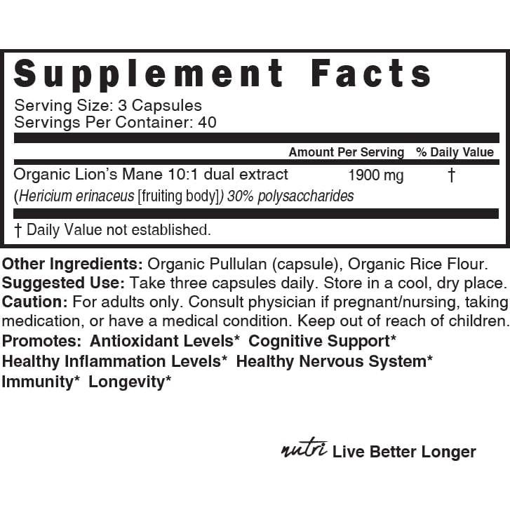 Suplemento Orgánico de Melena de León Nutri 1900 mg 120 Cápsulas