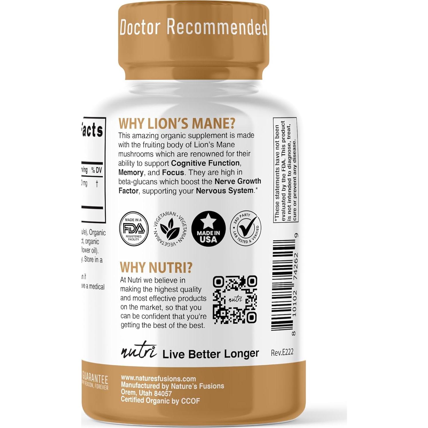 Suplemento Orgánico de Melena de León Nutri 1900 mg 120 Cápsulas