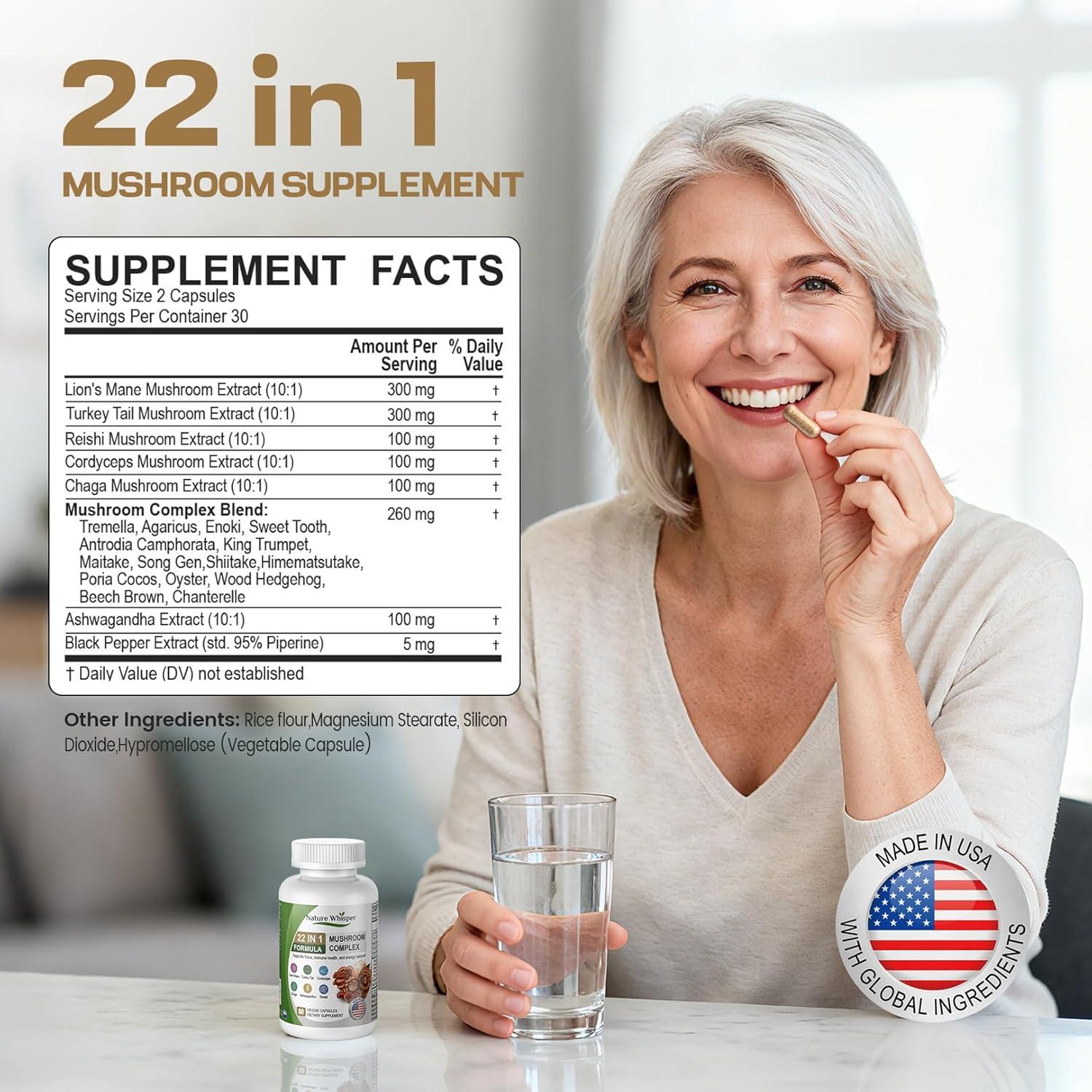 Suplemento 22 en 1 Nature Whisper Hongos y Ashwagandha - 60 Cápsulas