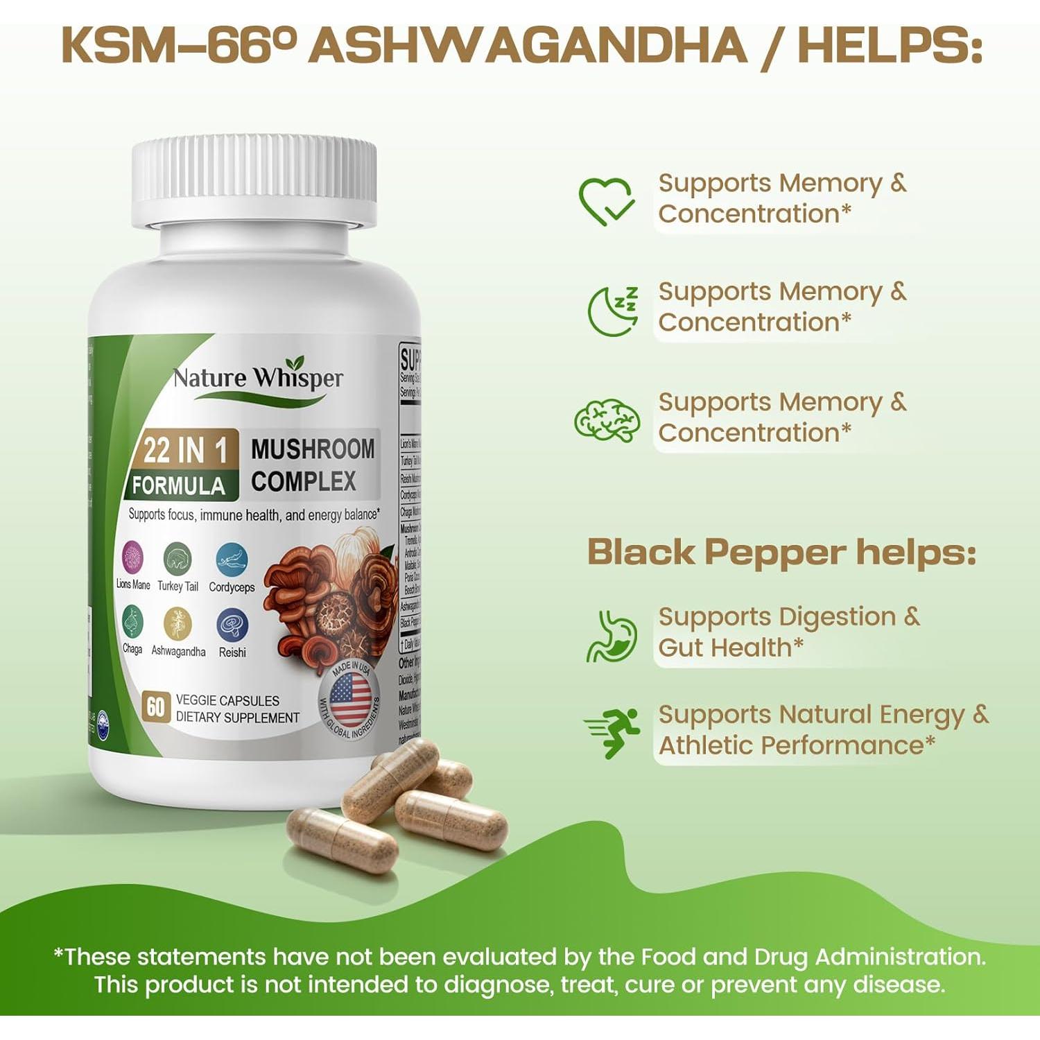 Suplemento 22 en 1 Nature Whisper Hongos y Ashwagandha - 60 Cápsulas