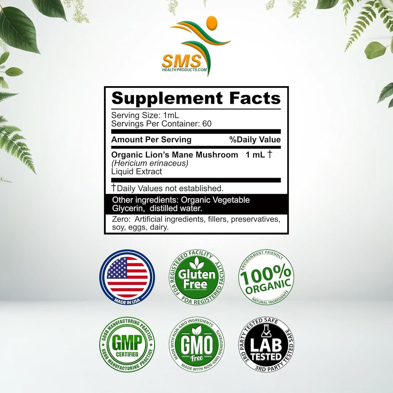 Gotas de Hongo Melena de León SMS - Extracto Orgánico 59 mL