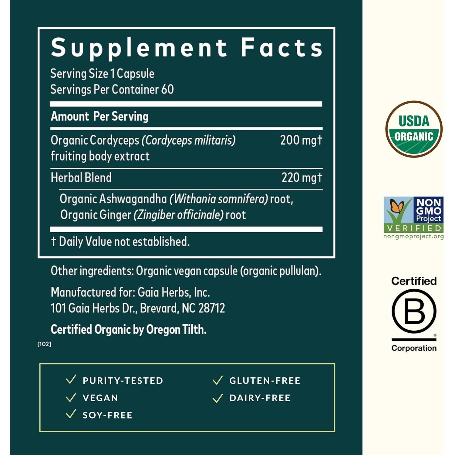 Suplemento Energético Gaia Herbs - Hongos y Ashwagandha 60 Cápsulas