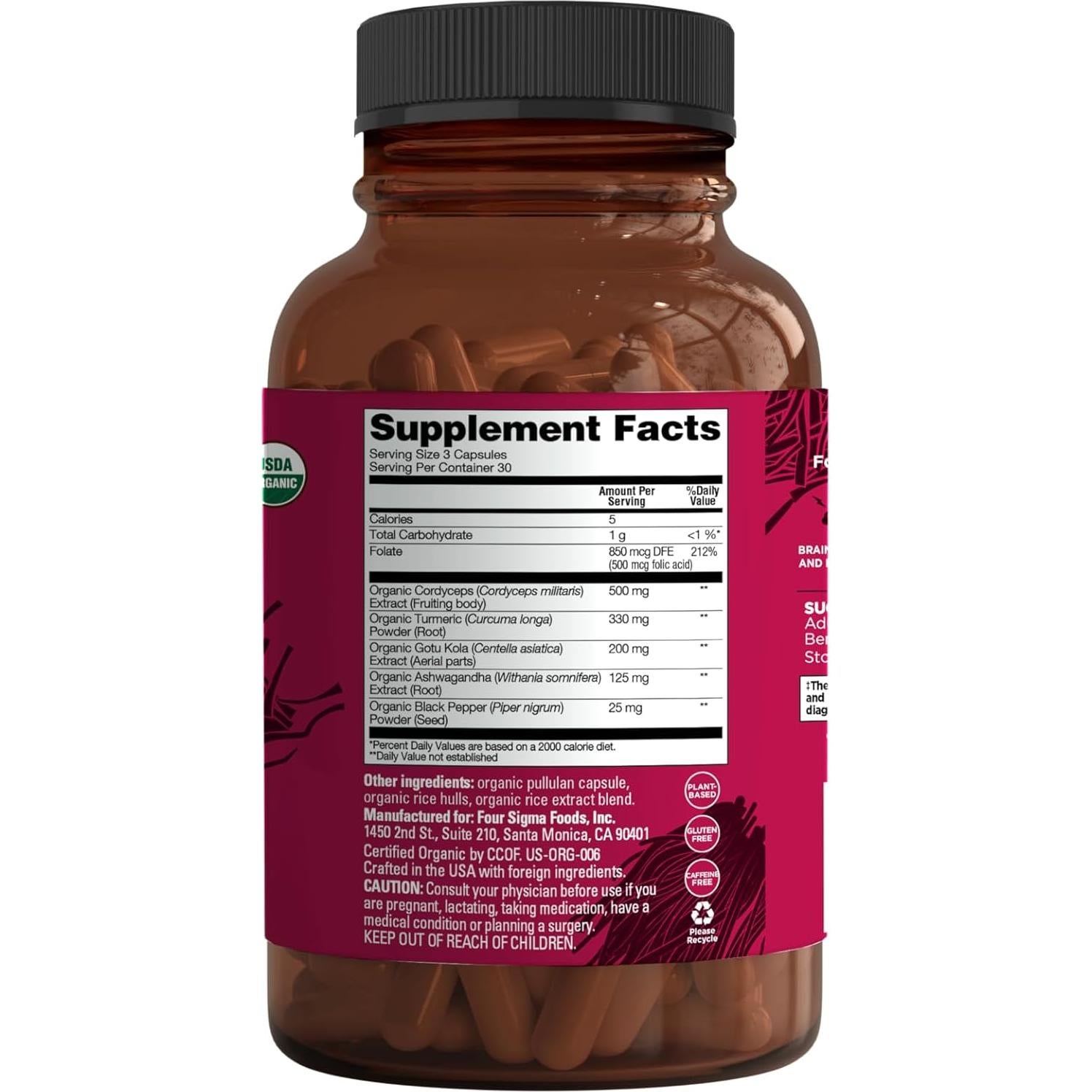 Cápsulas de Memoria Four Sigmatic | Cordyceps y Folato | 30 Porciones