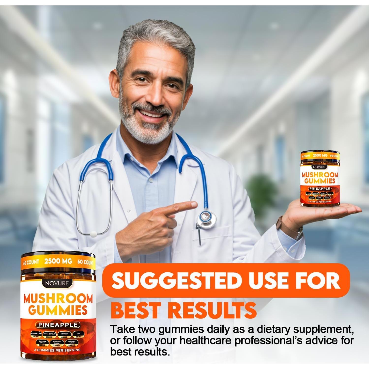 Gomitas de Champiñón Novure 2500mg 60 Unidades Piña