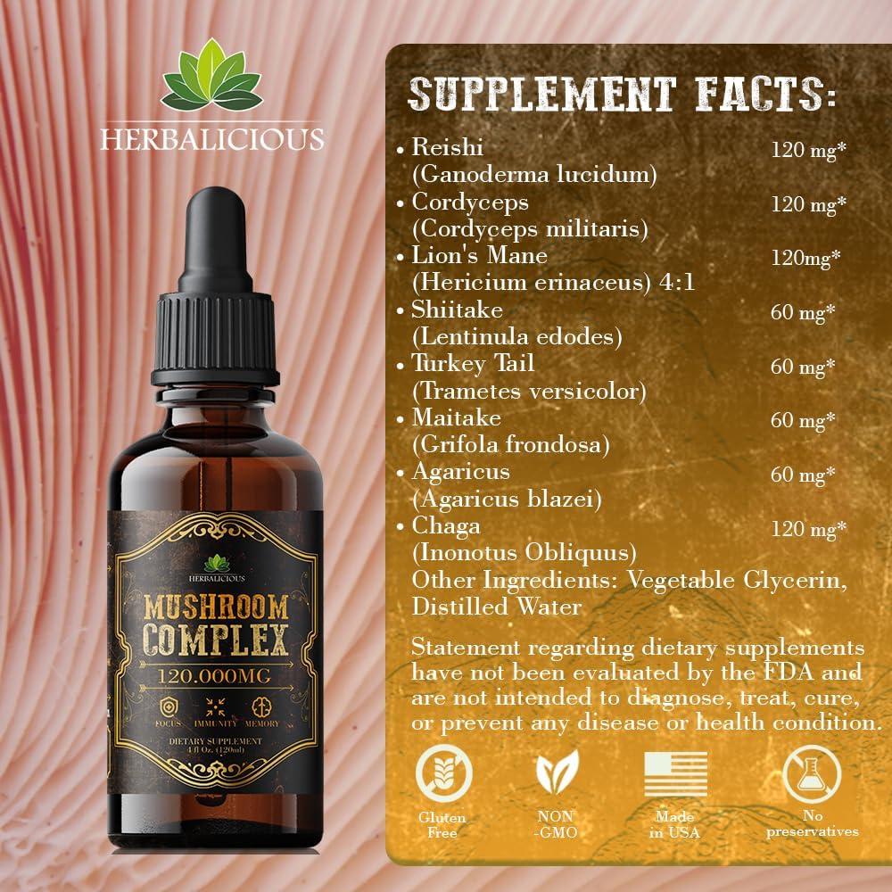 Suplemento de Champiñones HERBALICIOUS 120,000mg - 8 en 1