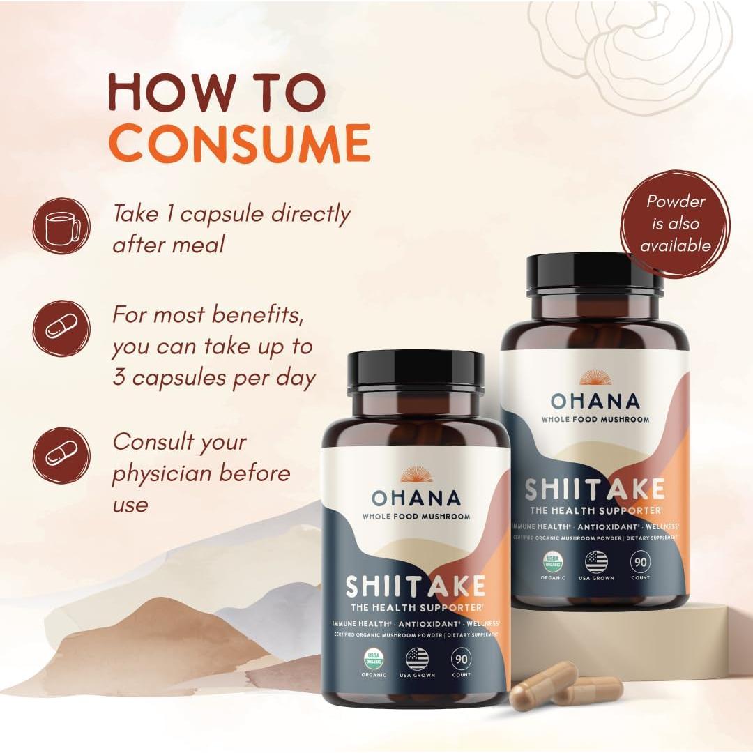 Suplemento Orgánico de Champiñón Shiitake Ohana 90 Cápsulas