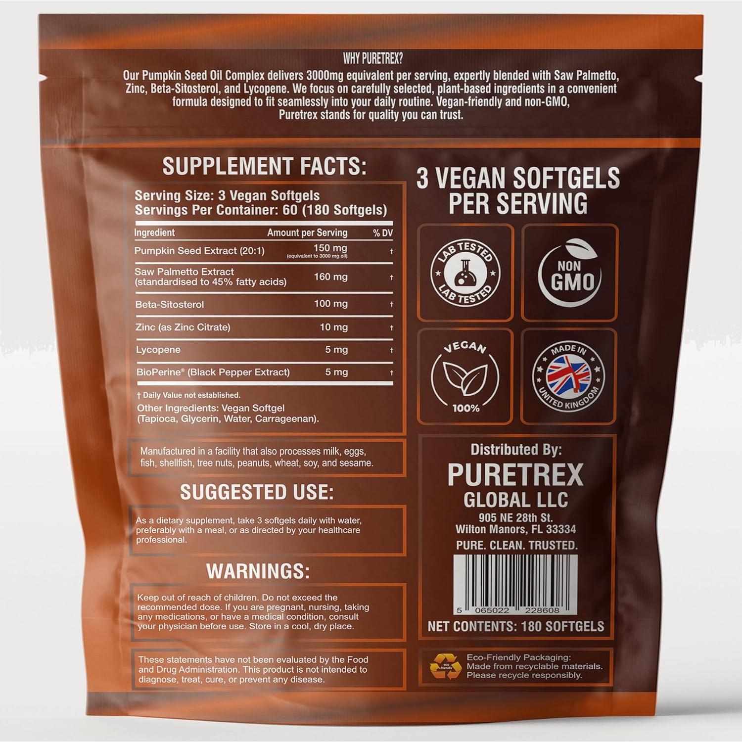 Aceite de Semilla de Calabaza 3000mg PURETREX - 180 Softgels Veganas