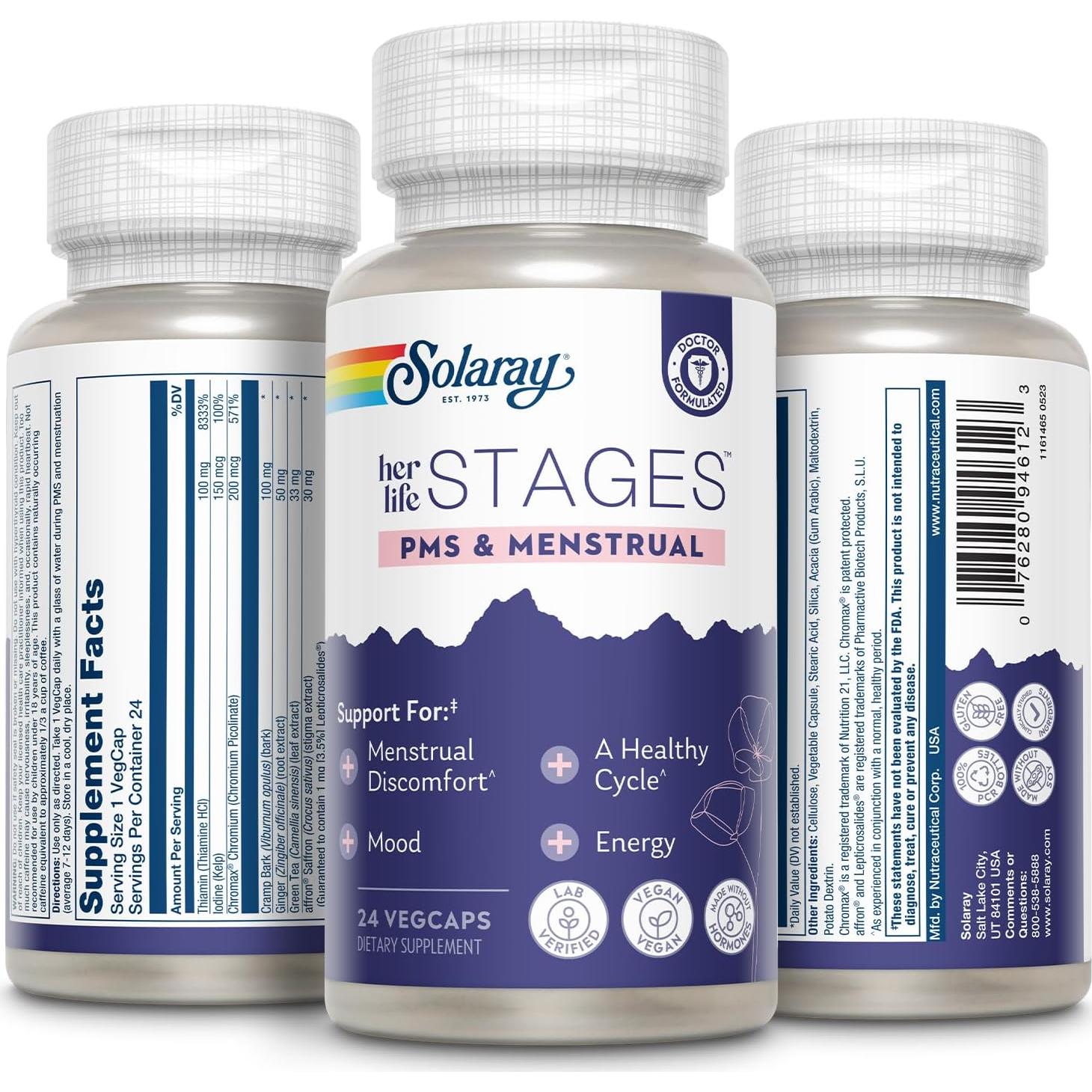 Suplemento Solaray PMS y Menstrual - 24 VegCaps - Apoyo hormonal