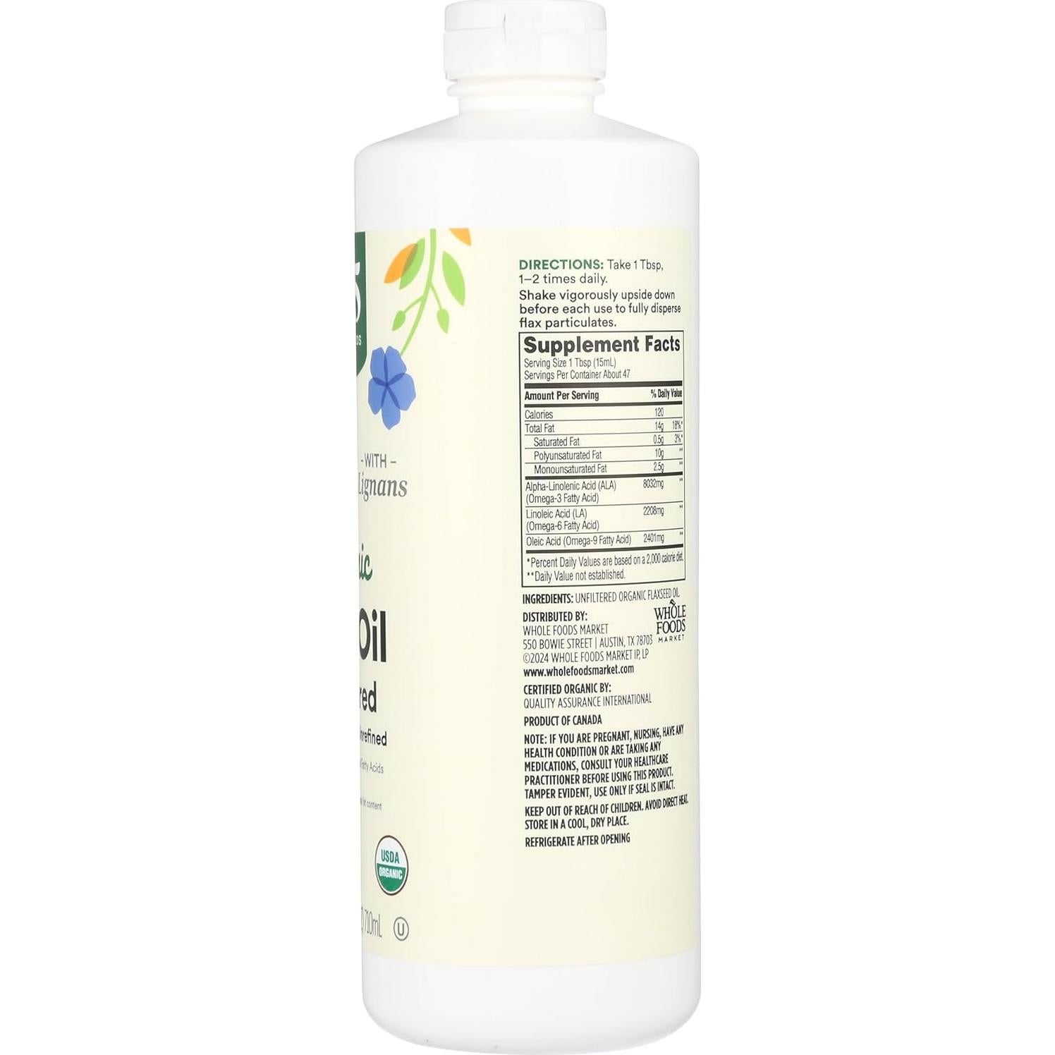 Aceite de Linaza Orgánico 365 Whole Foods 680g Prensado en Frío