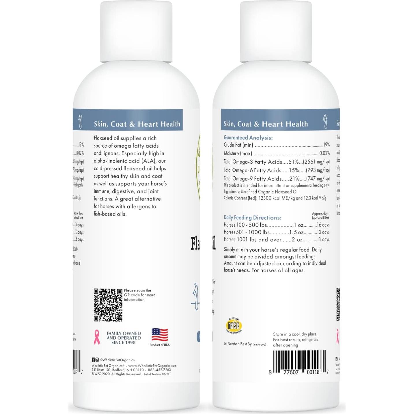 Aceite de Semilla de Lino Orgánico Wholistic 473ml para Caballos