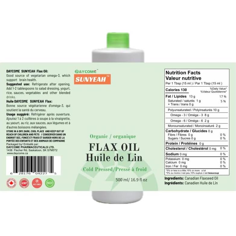 Aceite de Linaza Orgánico Sunyeah 500ml - Exprimido en Frío, Sin Refinar