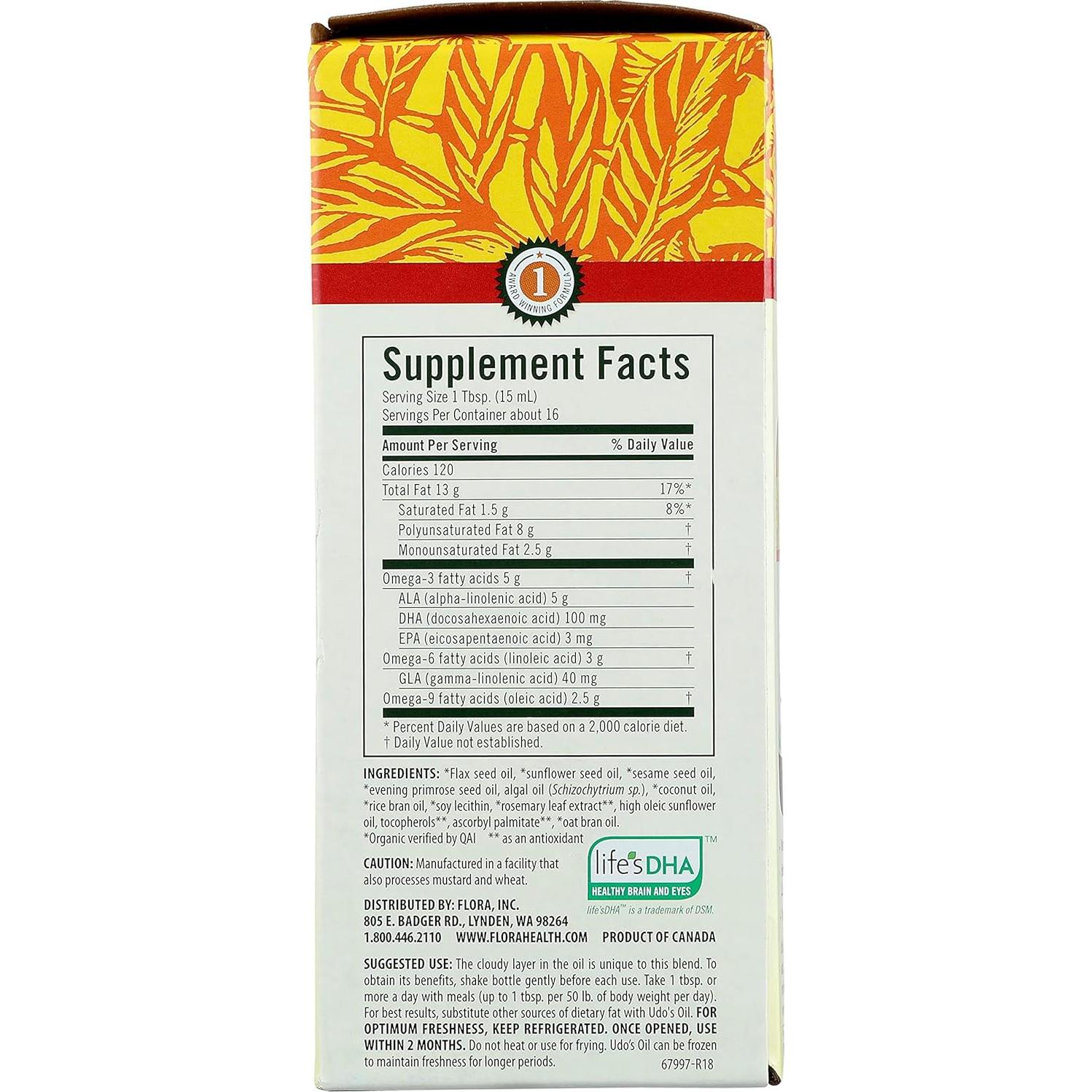 Aceite Udo's DHA Flora 3-6-9 Orgánico 500ml Suplemento Vegano