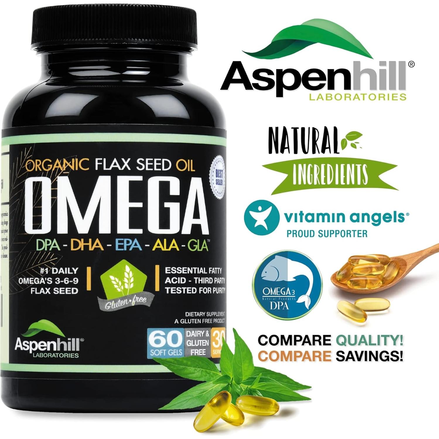 Aceite de Semilla de Linaza Orgánico Aspen Hill Labs 60 Gelatinas