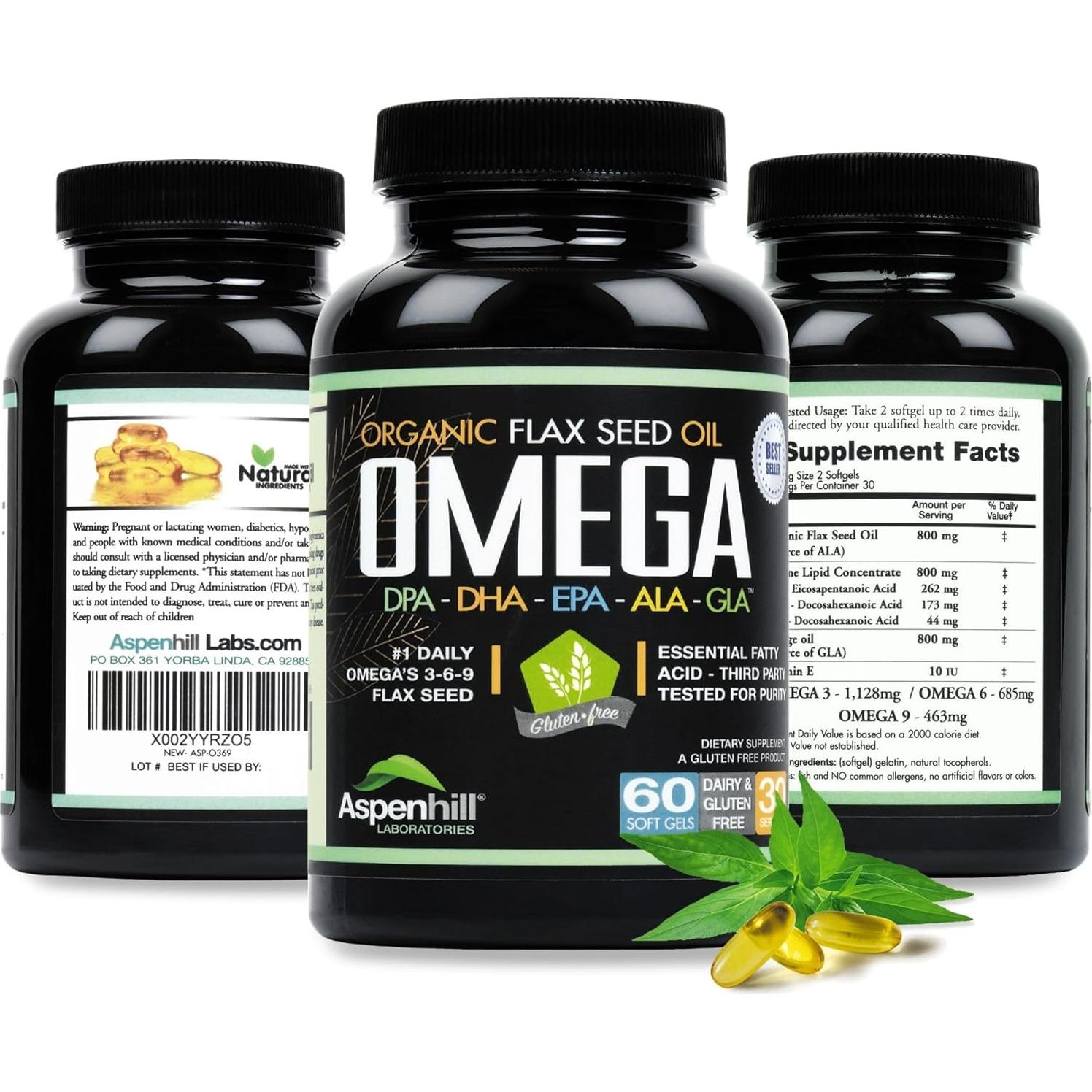 Aceite de Semilla de Linaza Orgánico Aspen Hill Labs 60 Gelatinas
