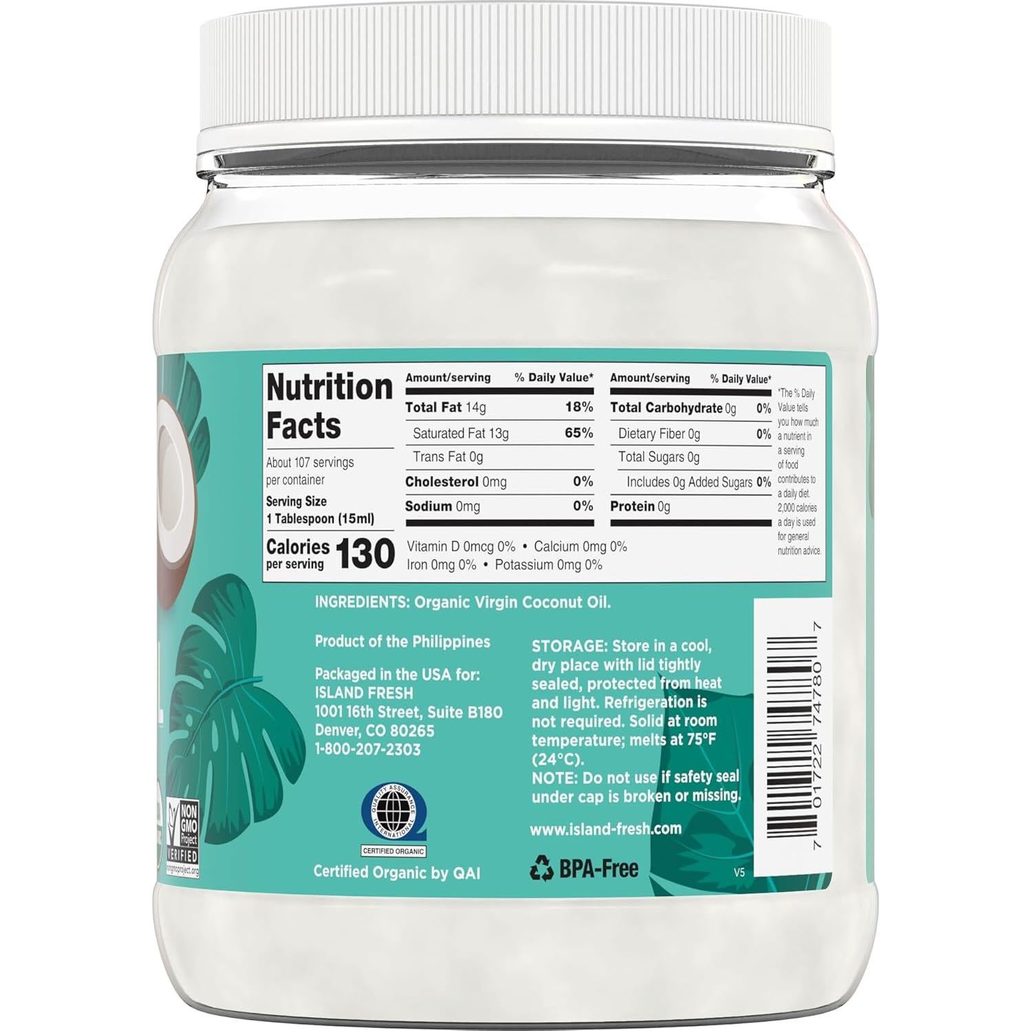 Aceite de Coco Orgánico Island Fresh 1590 ml Prensado en Frío