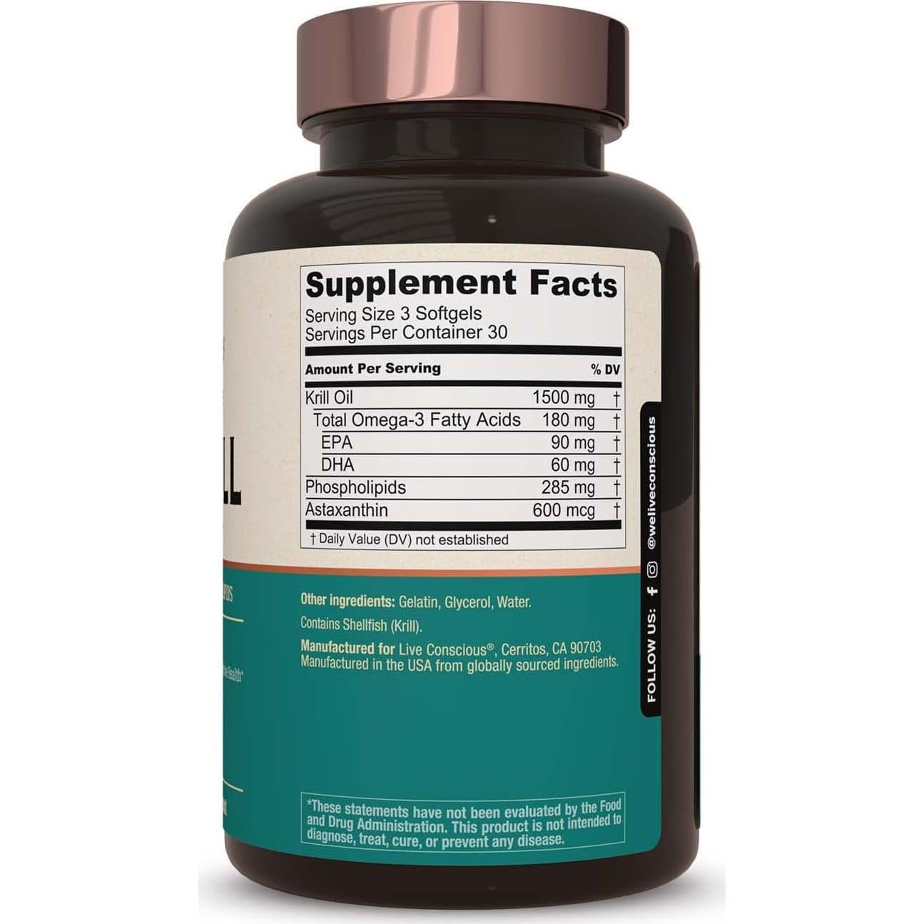 Suplemento de Aceite de Kril Live Conscious 90 Cápsulas Omega-3