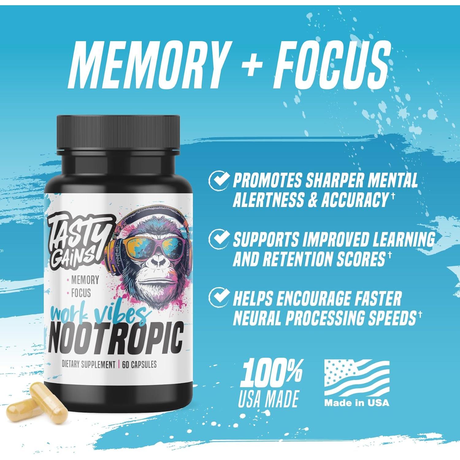 Suplemento Nootrópico Tasty Gains para Memoria y Enfoque - 60 Cápsulas