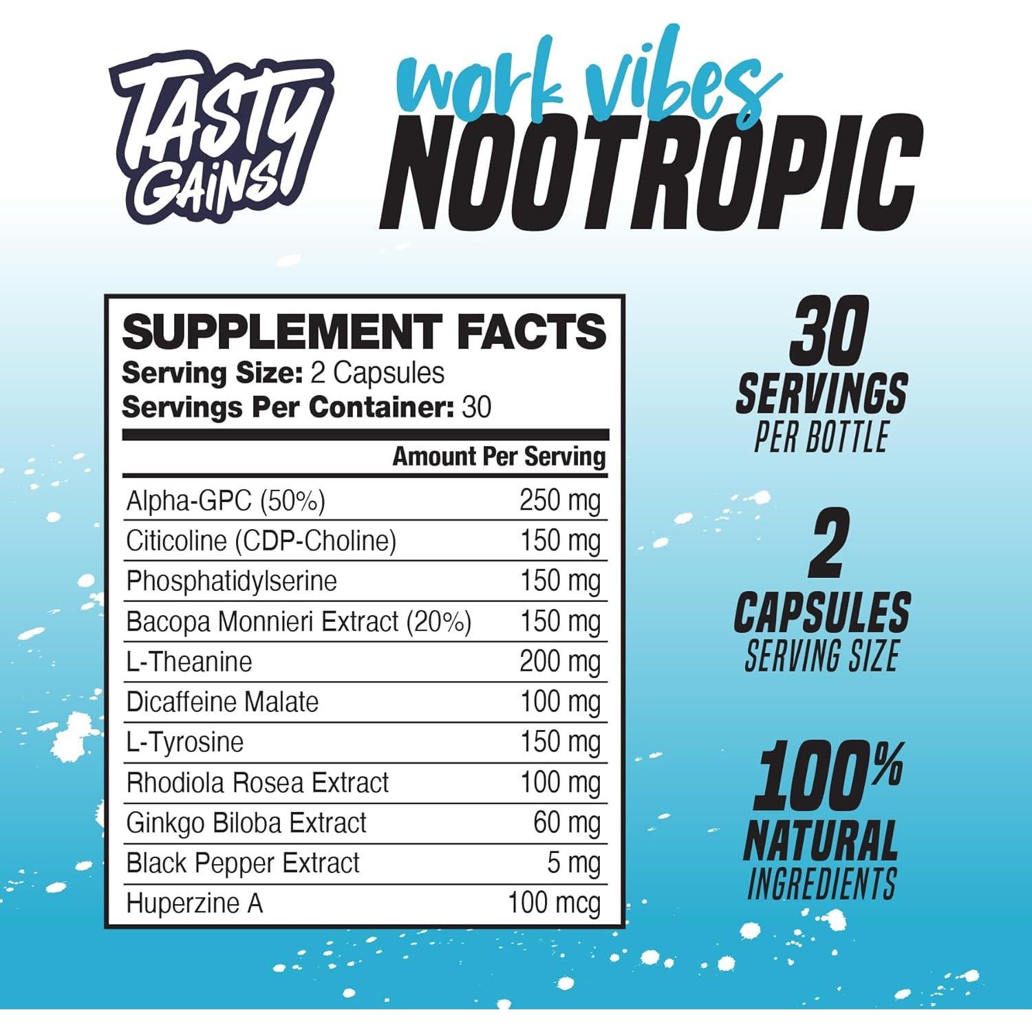 Suplemento Nootrópico Tasty Gains para Memoria y Enfoque - 60 Cápsulas