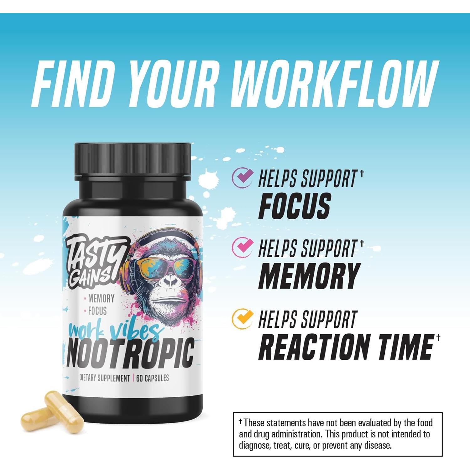 Suplemento Nootrópico Tasty Gains para Memoria y Enfoque - 60 Cápsulas