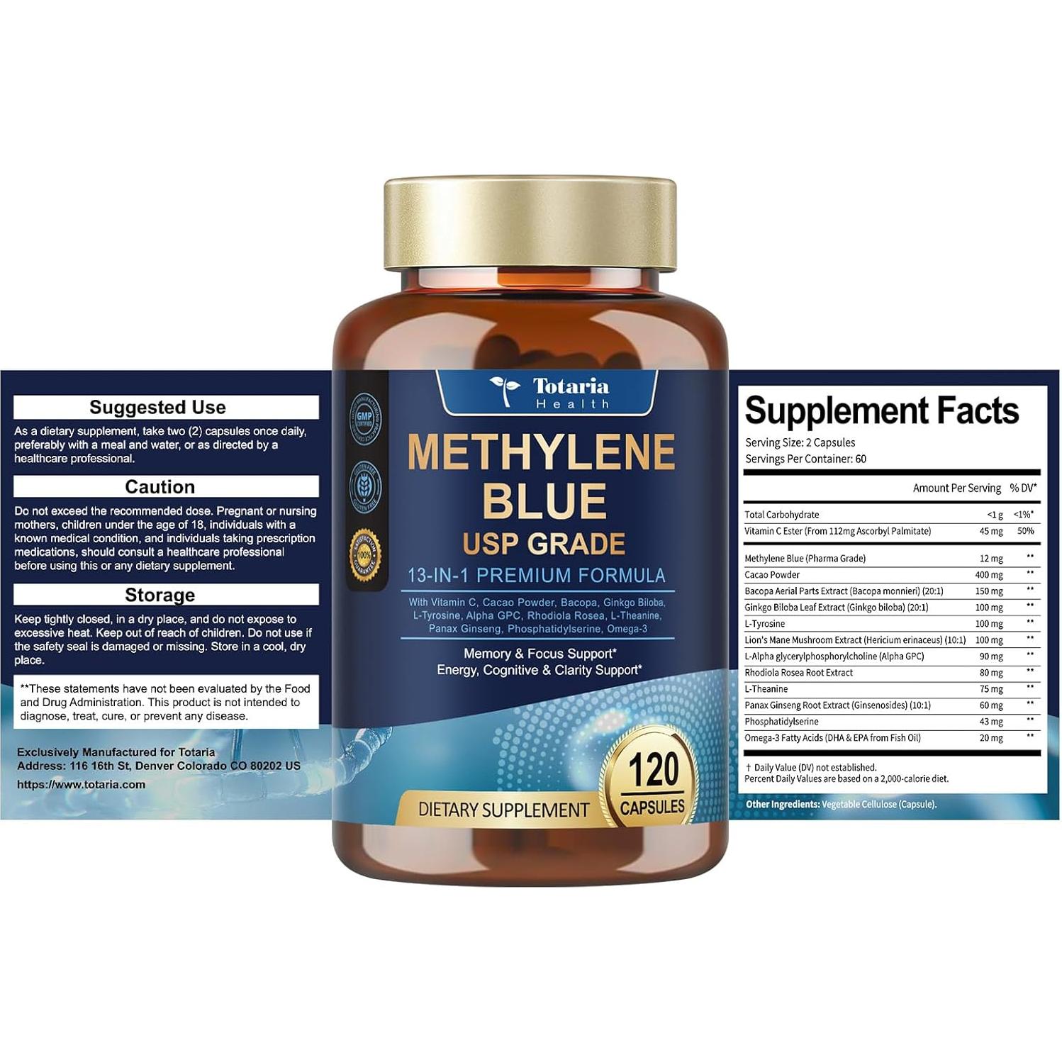 Azul de Metileno Grado Farmacéutico Totaria 120 Cápsulas