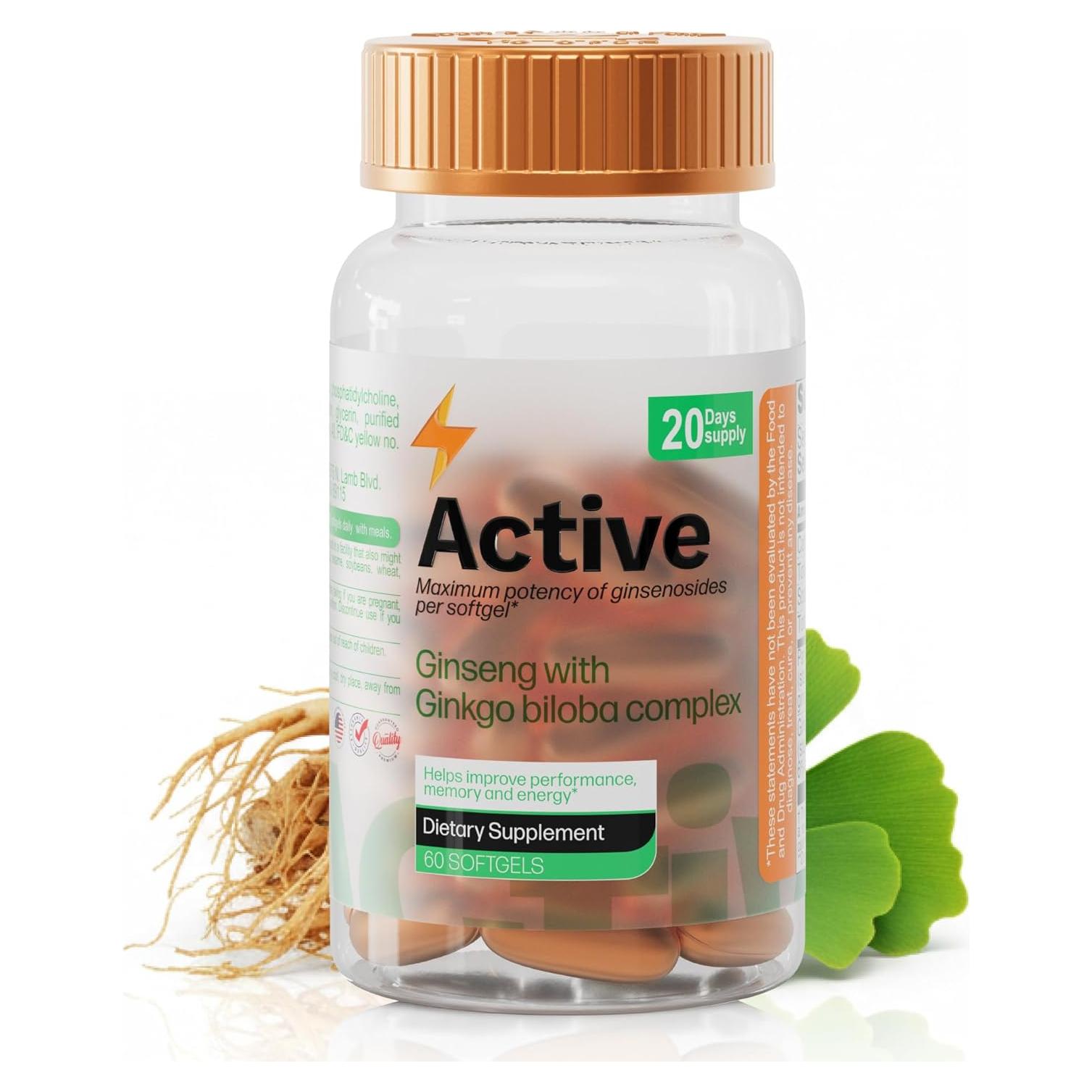 Suplemento de Ginseng Panax 200 mg y Ginkgo Biloba 80 mg - 60 Softgels - Nutra ACTIVO