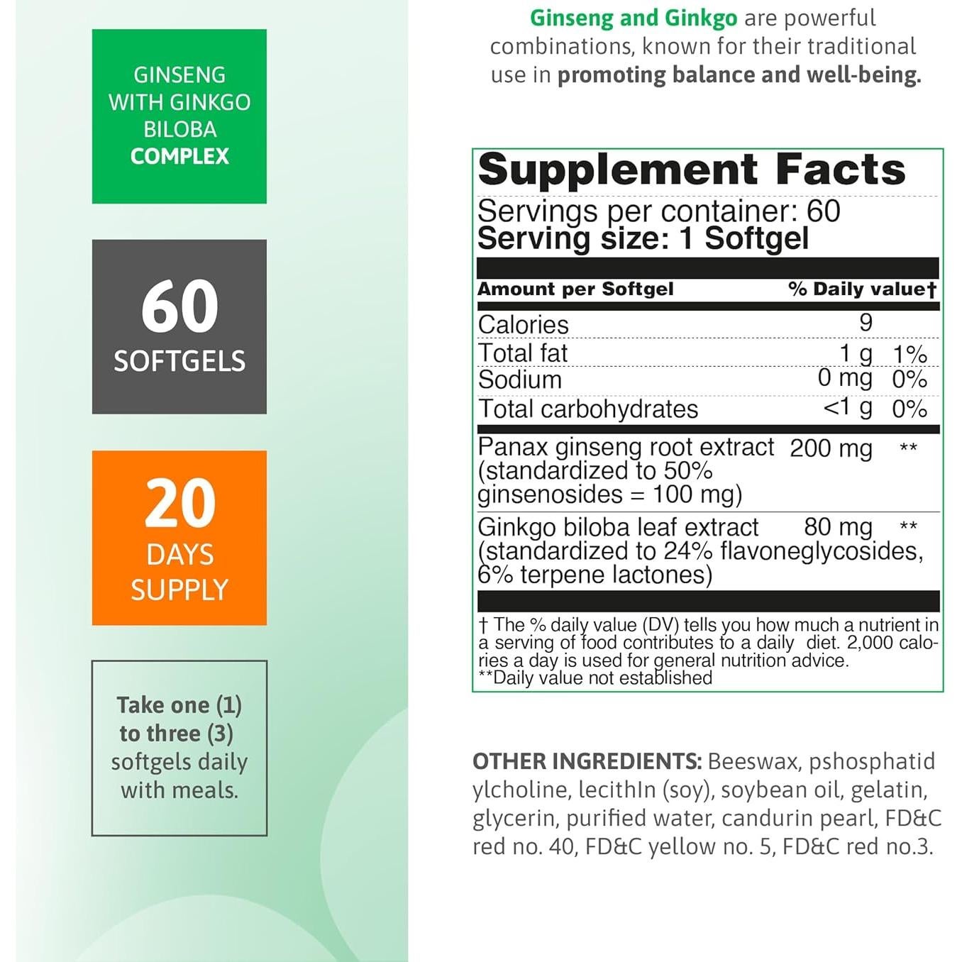 Suplemento de Ginseng Panax 200 mg y Ginkgo Biloba 80 mg - 60 Softgels - Nutra ACTIVO