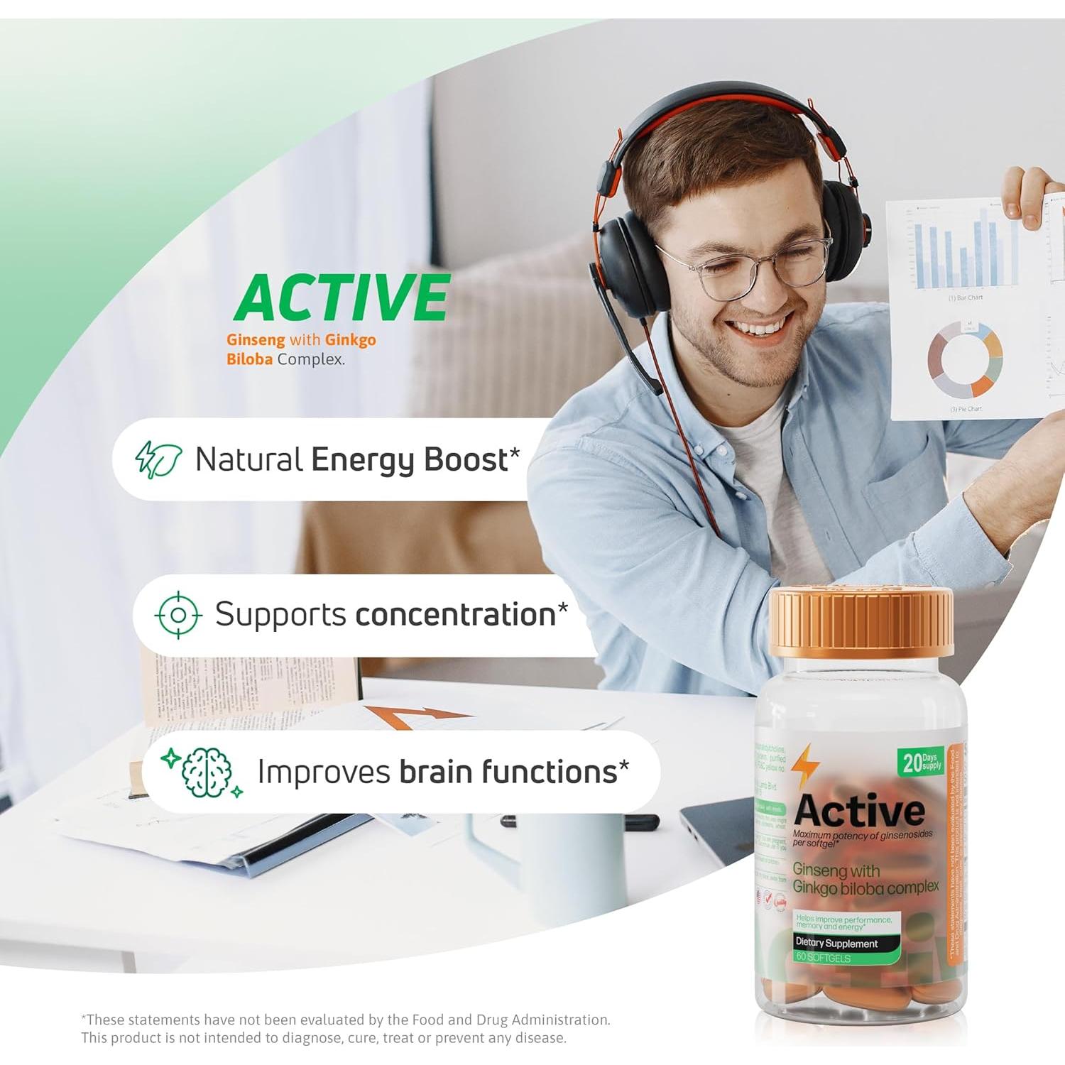 Suplemento de Ginseng Panax 200 mg y Ginkgo Biloba 80 mg - 60 Softgels - Nutra ACTIVO