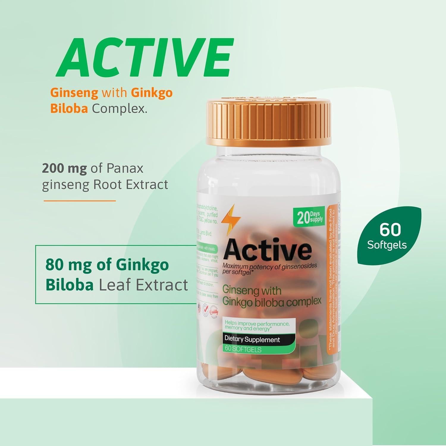 Suplemento de Ginseng Panax 200 mg y Ginkgo Biloba 80 mg - 60 Softgels - Nutra ACTIVO