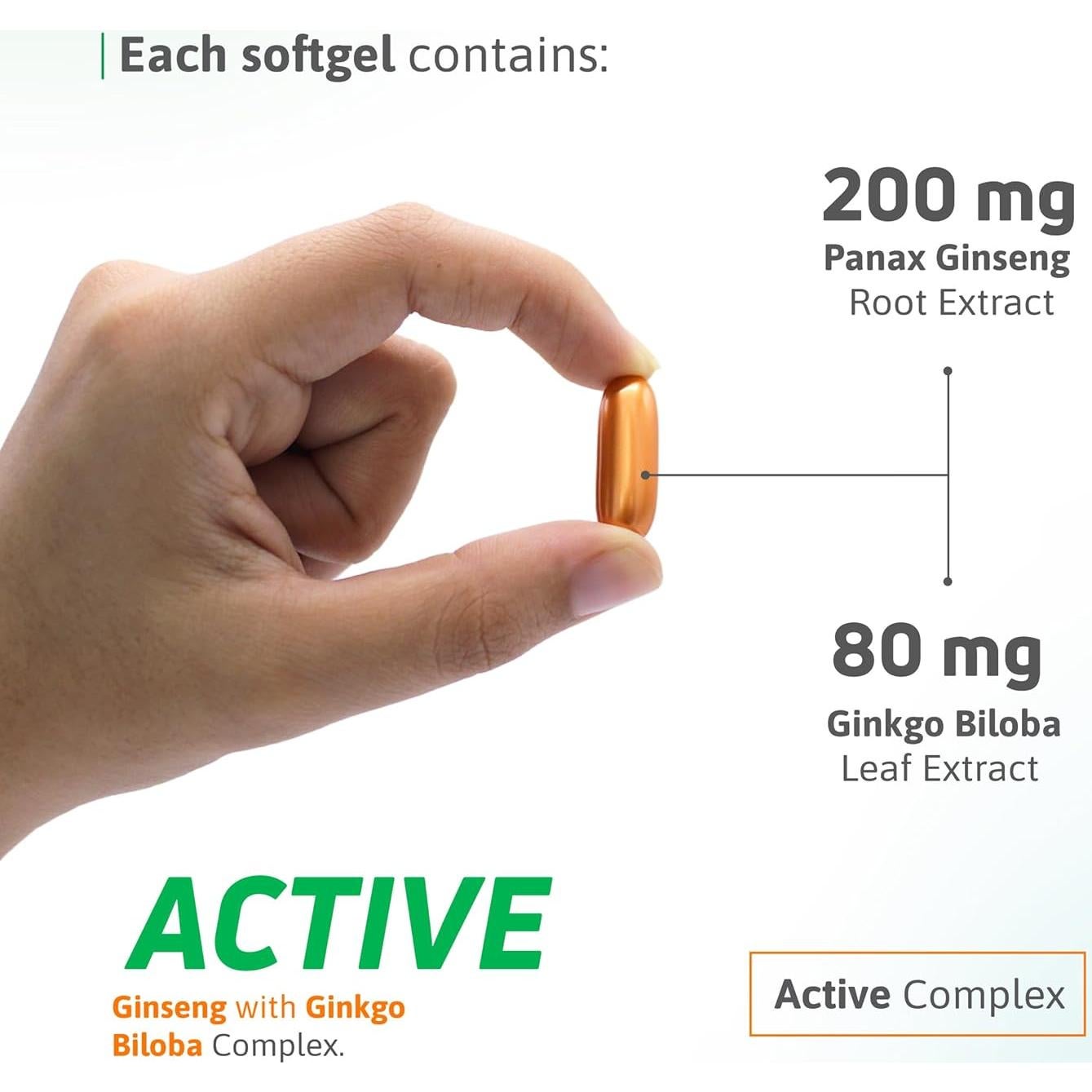 Suplemento de Ginseng Panax 200 mg y Ginkgo Biloba 80 mg - 60 Softgels - Nutra ACTIVO