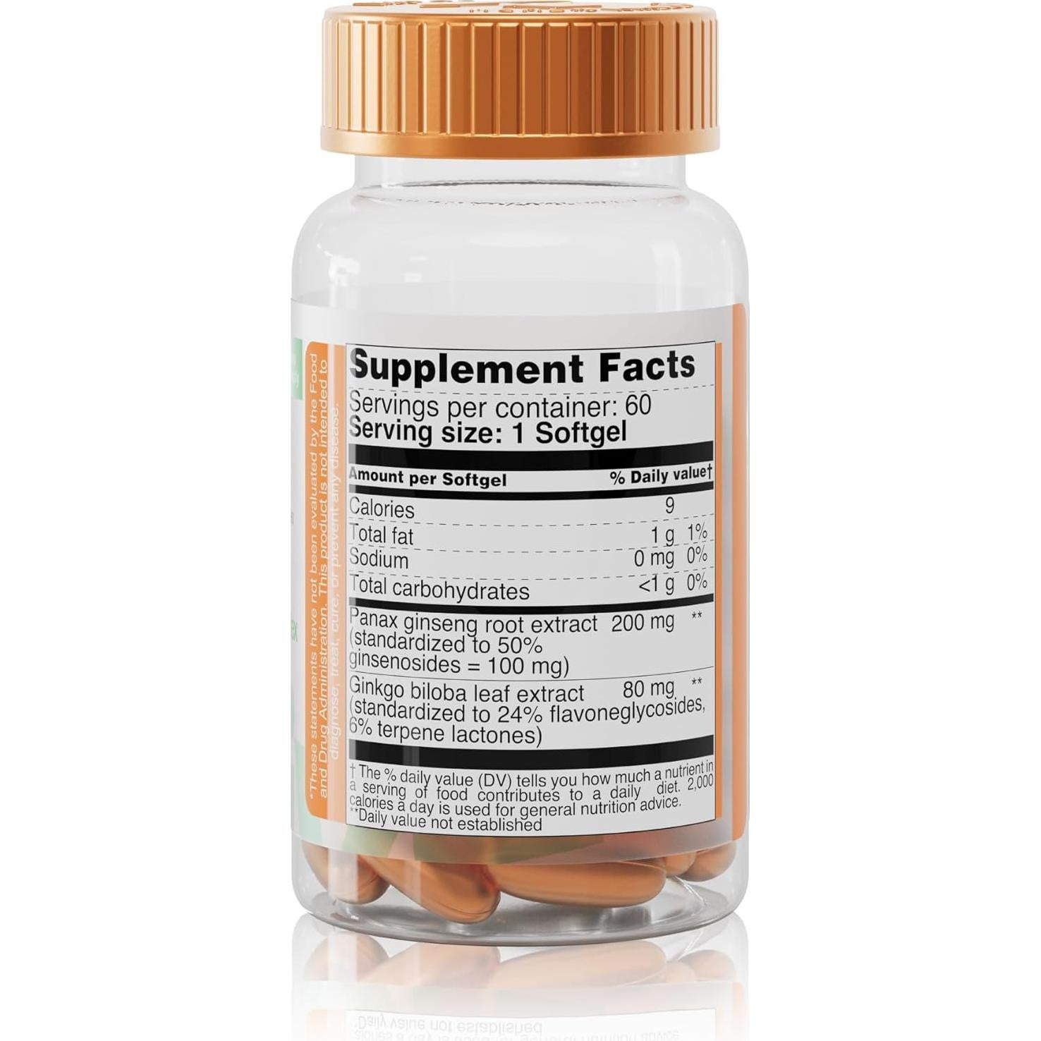 Suplemento de Ginseng Panax 200 mg y Ginkgo Biloba 80 mg - 60 Softgels - Nutra ACTIVO