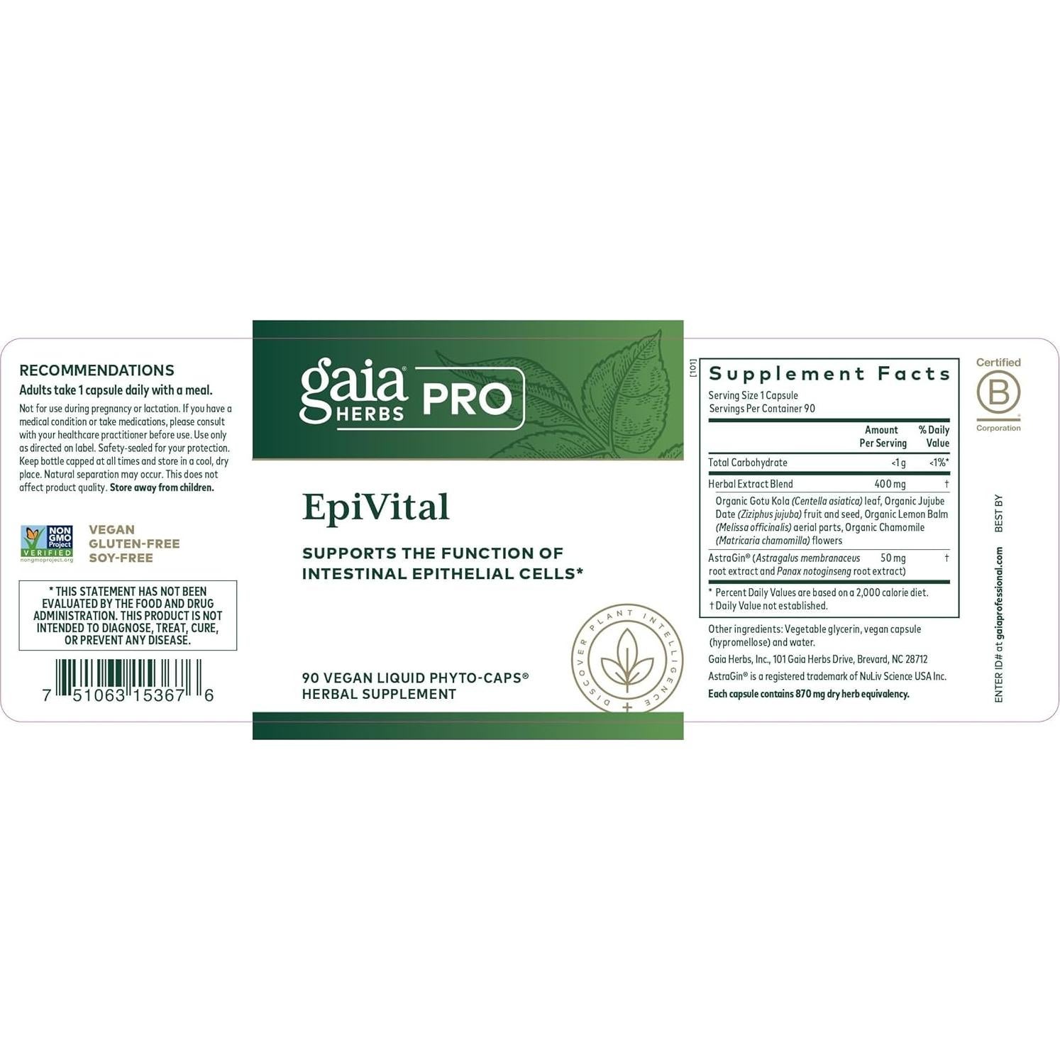 Suplemento Digestivo Gaia Herbs PRO EpiVital - 90 Cápsulas Veganas