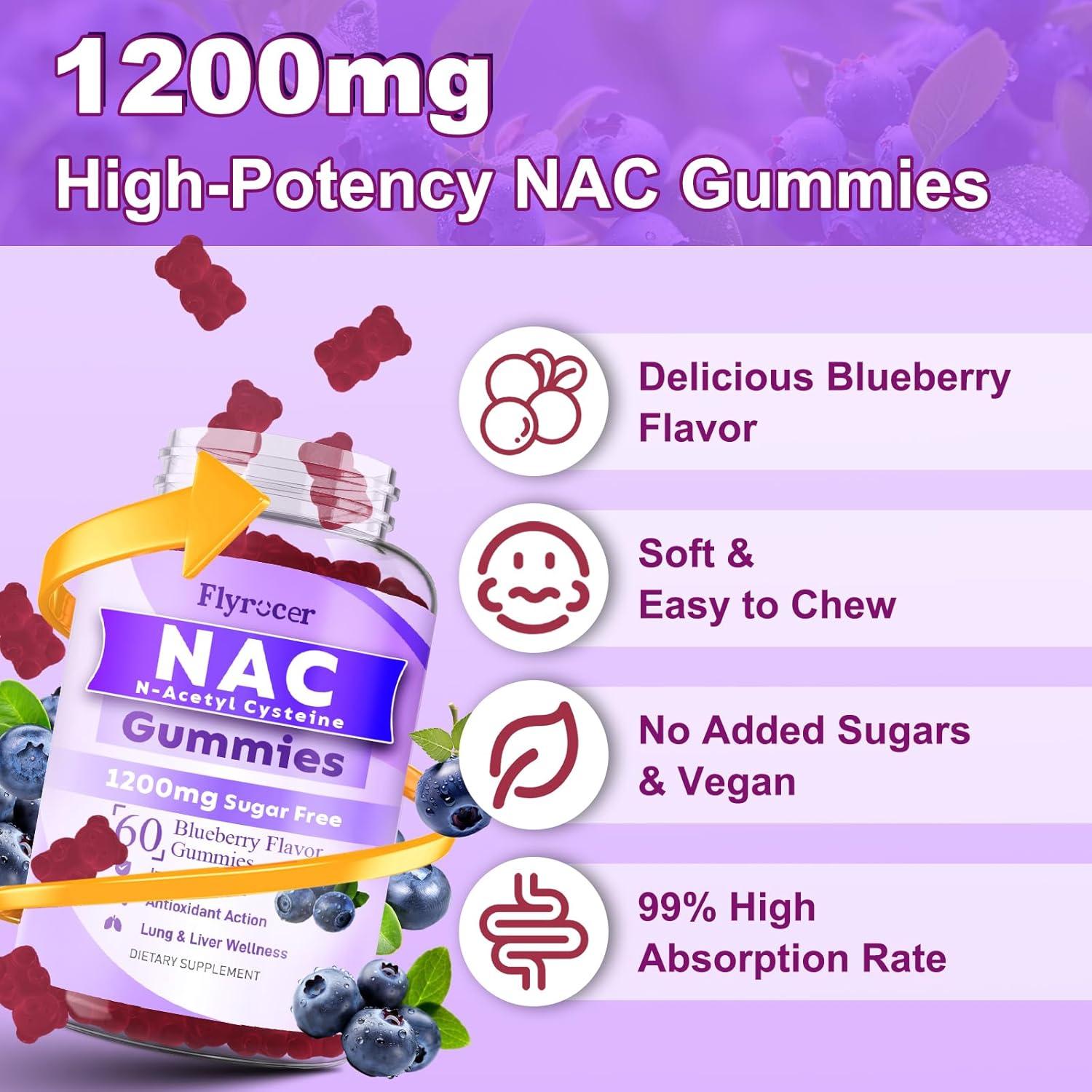 Gomitas NAC 1200mg Flyrocer - 60 unidades sabor arándano