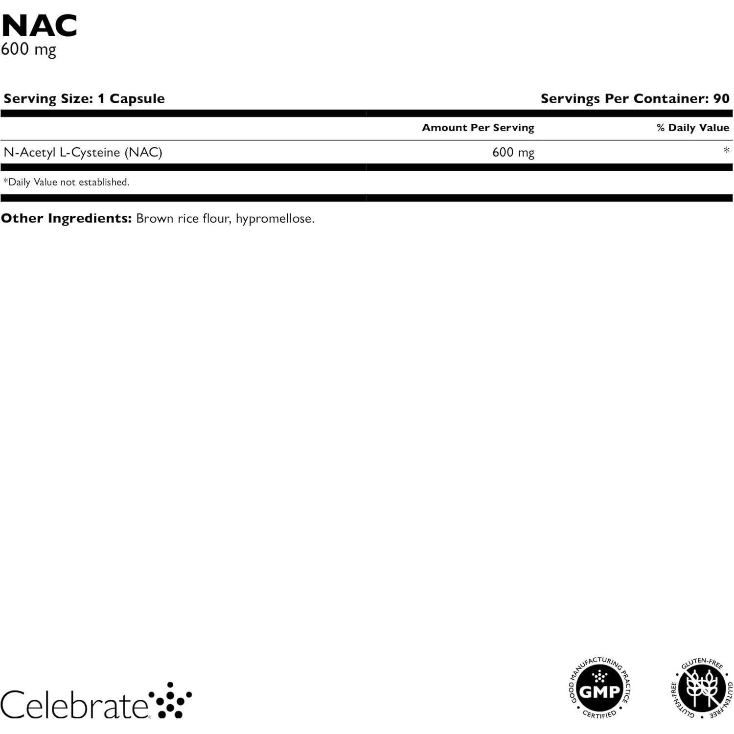 Suplemento NAC Celebrate Vitamins 600mg Antioxidante 90 Cápsulas