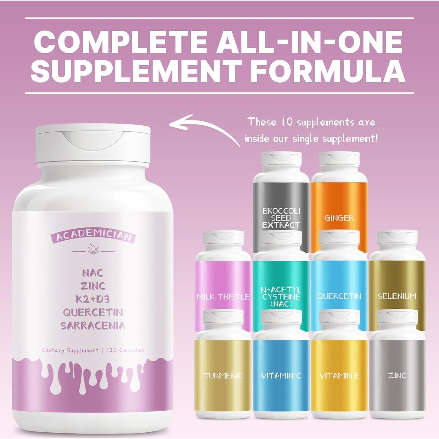 Suplemento ACADEMICIAN Vitamina D3 K2 Zinc Quercetina 120 Cápsulas