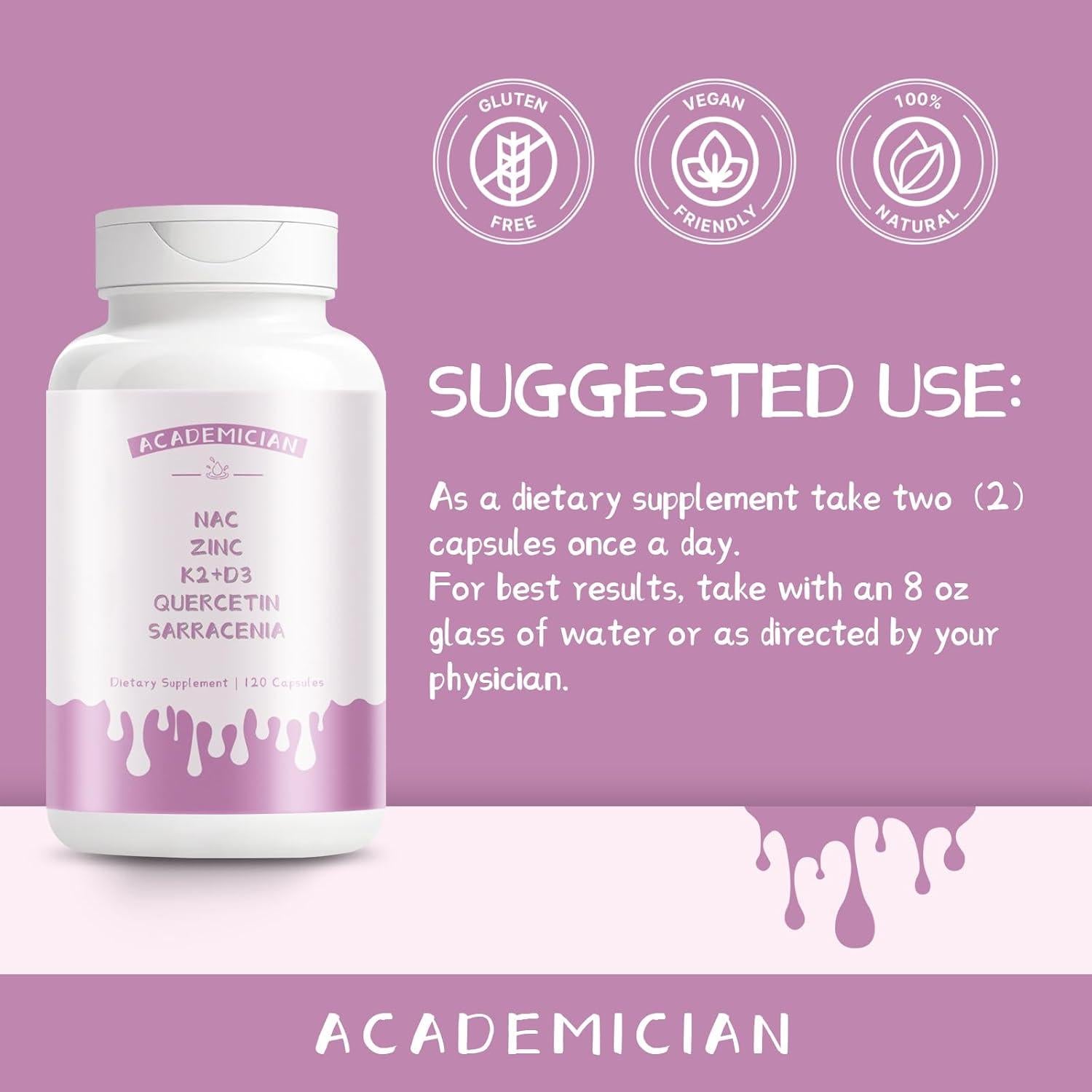 Suplemento ACADEMICIAN Vitamina D3 K2 Zinc Quercetina 120 Cápsulas