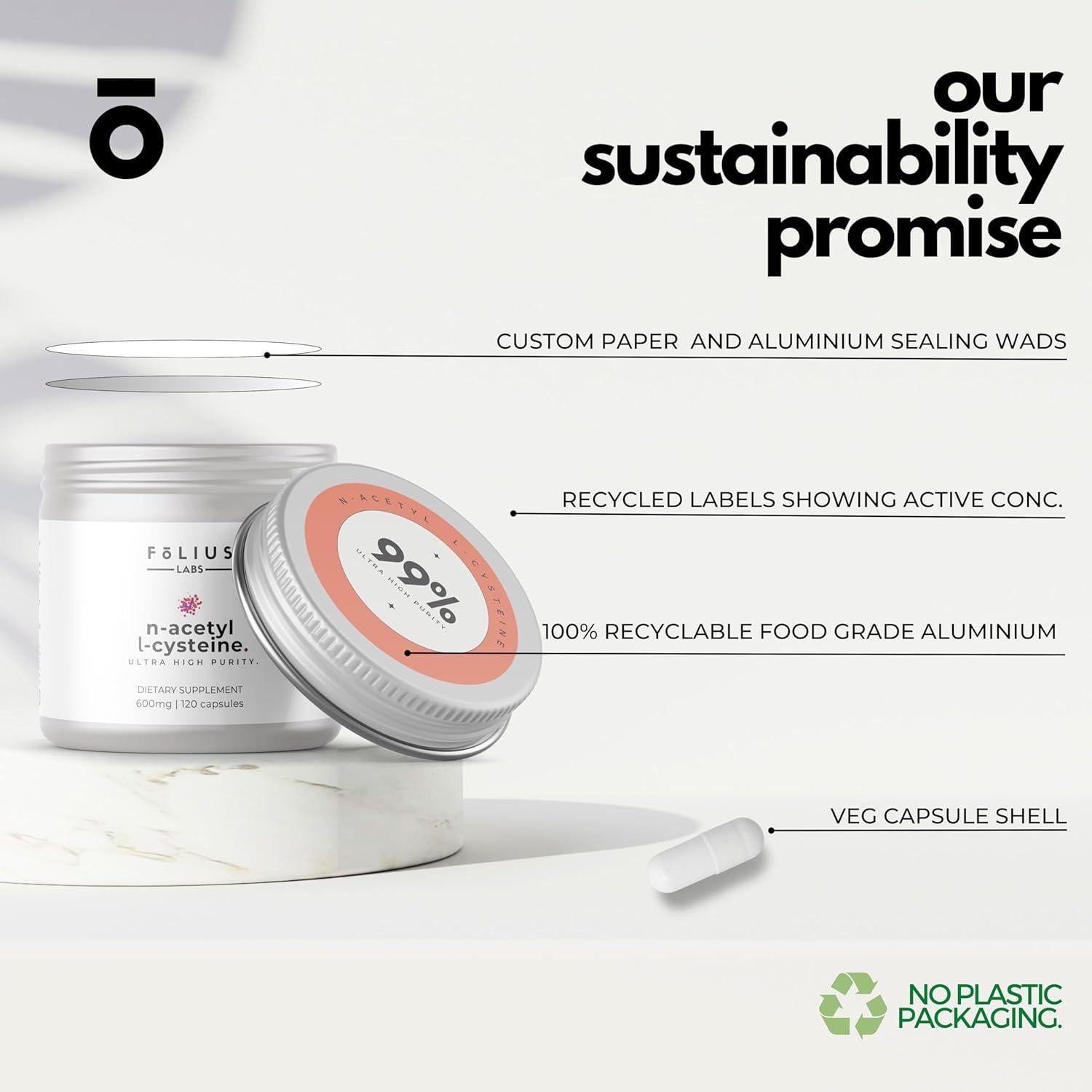 Suplemento N-Acetil L-Cisteína 600mg Folius Labs 120 Cápsulas Veganas