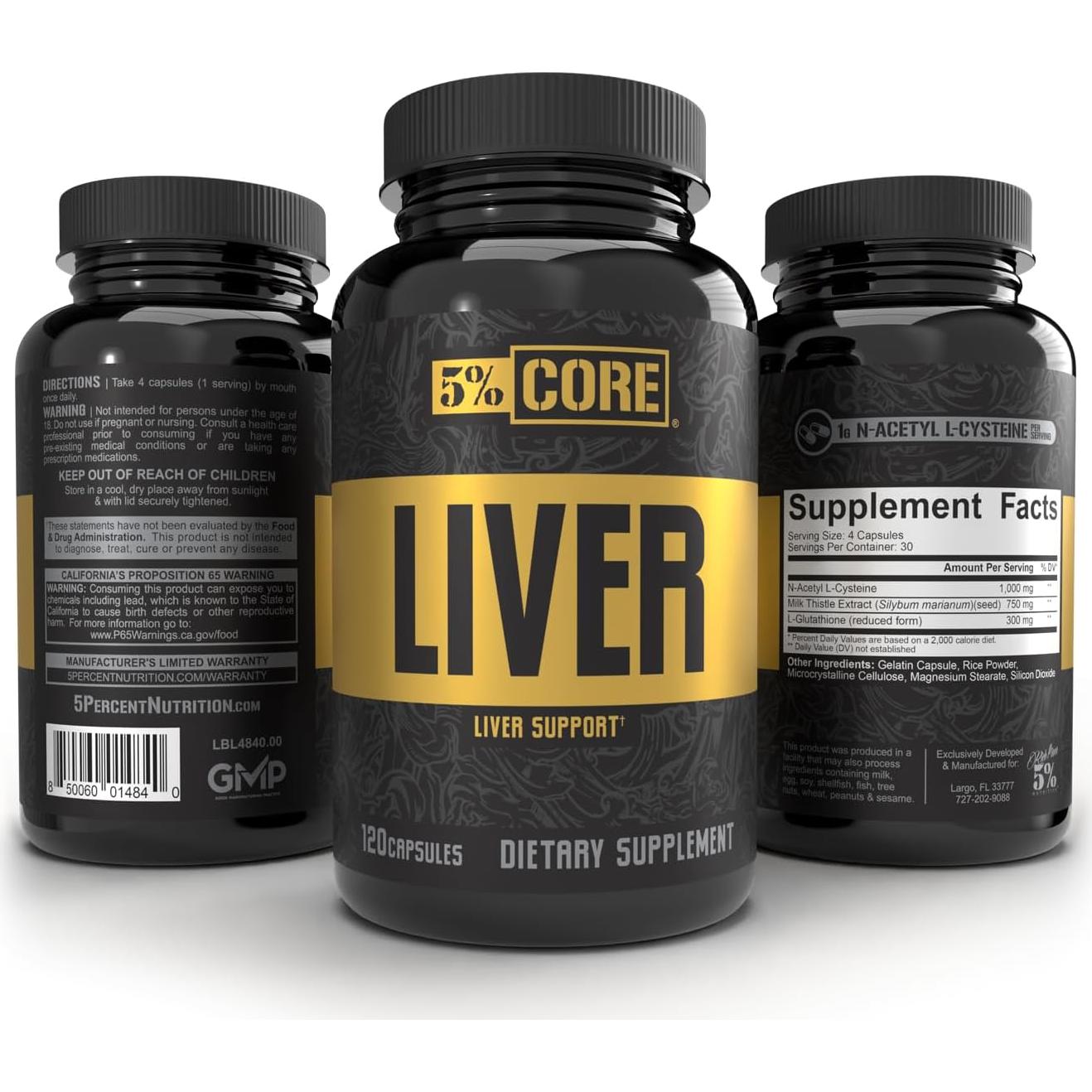 Suplemento Hepático 5% Nutrition | NAC 1000mg, Cardo Mariano 750mg, Glutatión 300mg | 30 Cápsulas