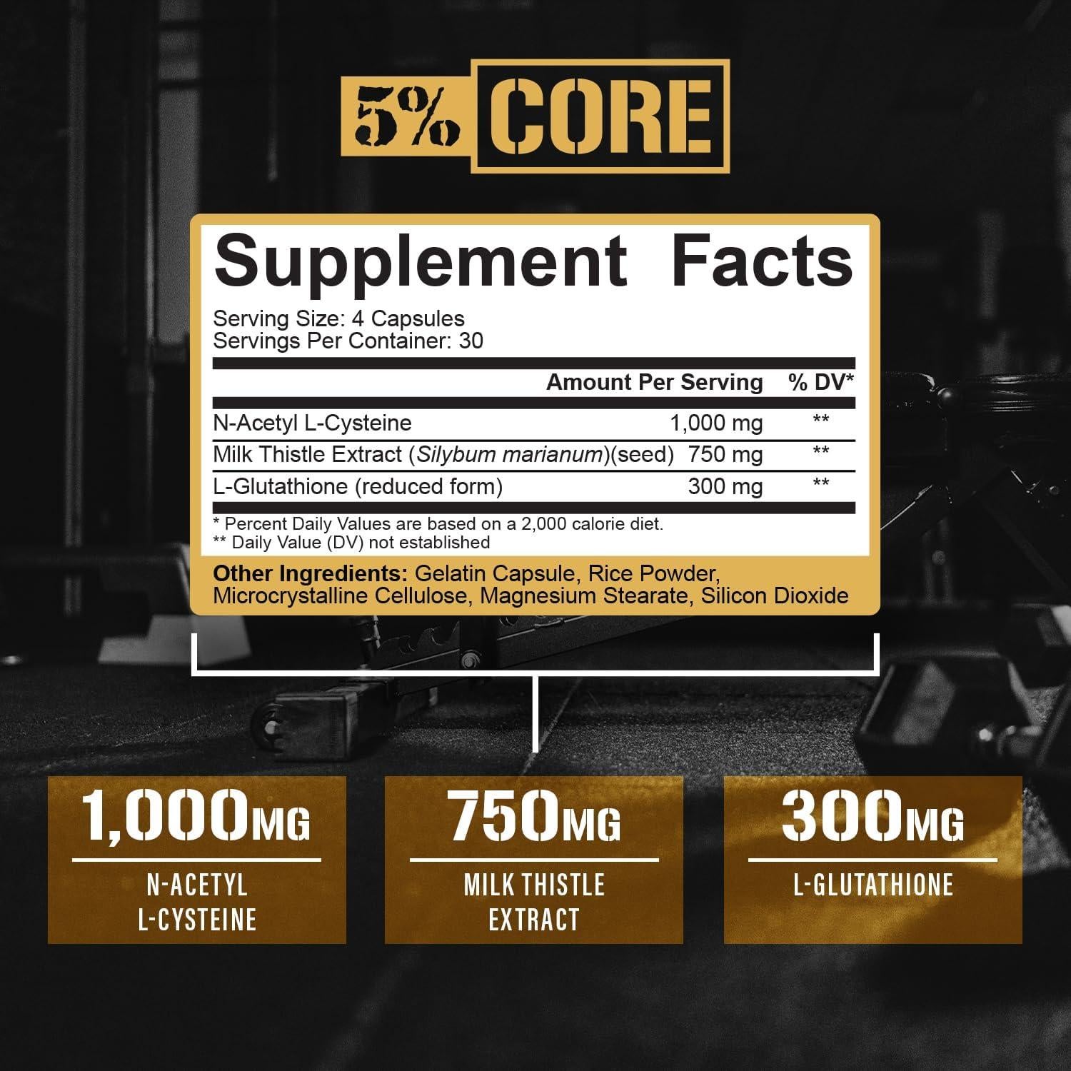 Suplemento Hepático 5% Nutrition | NAC 1000mg, Cardo Mariano 750mg, Glutatión 300mg | 30 Cápsulas