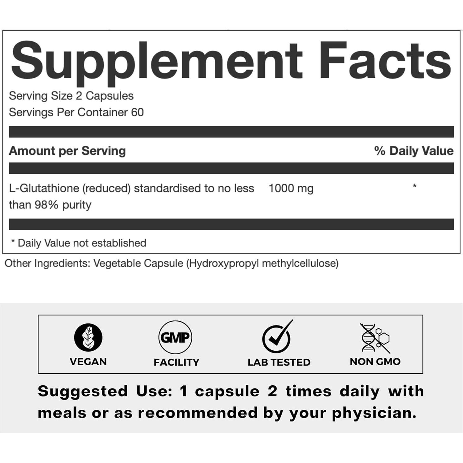 Suplemento L-Glutati&oacute;n 98% Folius Labs 500mg - 60 C&aacute;psulas